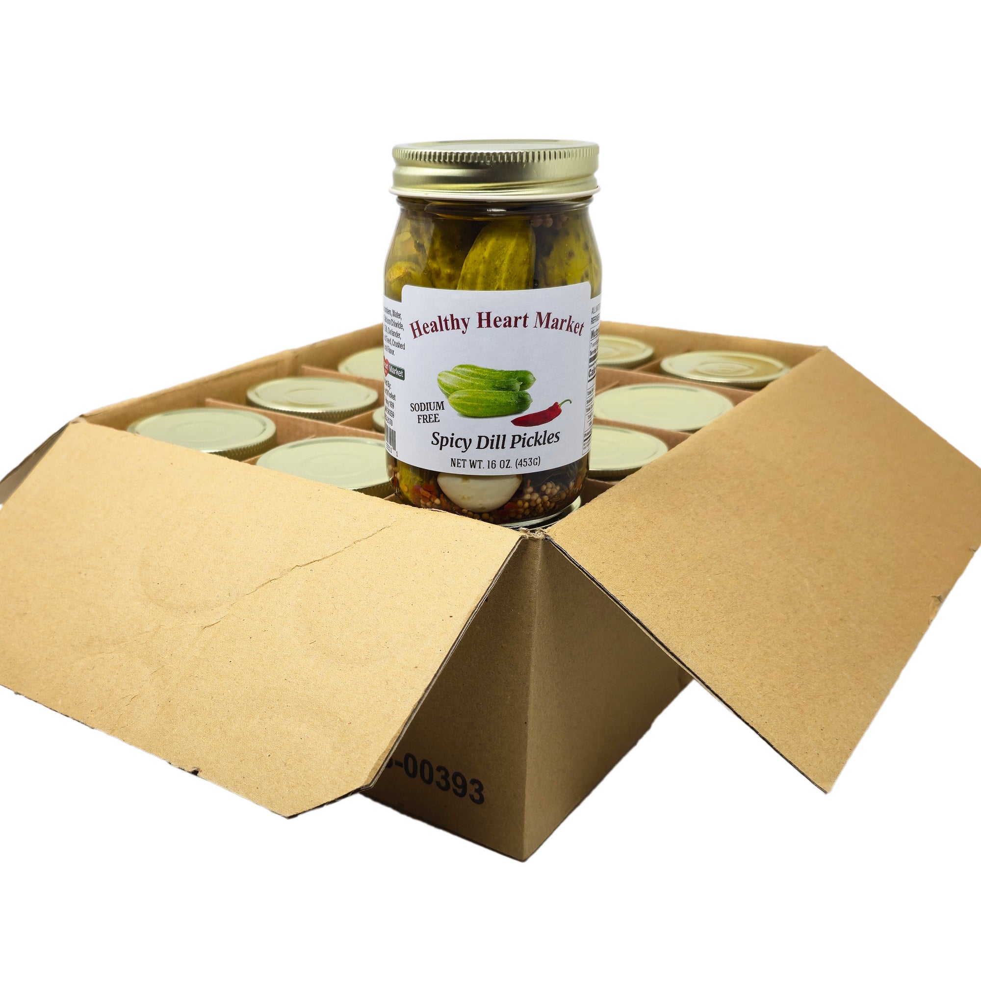 Healthy Heart Market Sodium Free Spicy Dill Pickles - Case of 12 (16oz Jars) | Low Sodium Snack for Keto Diet, Charcuterie Boards & Healthy Eating