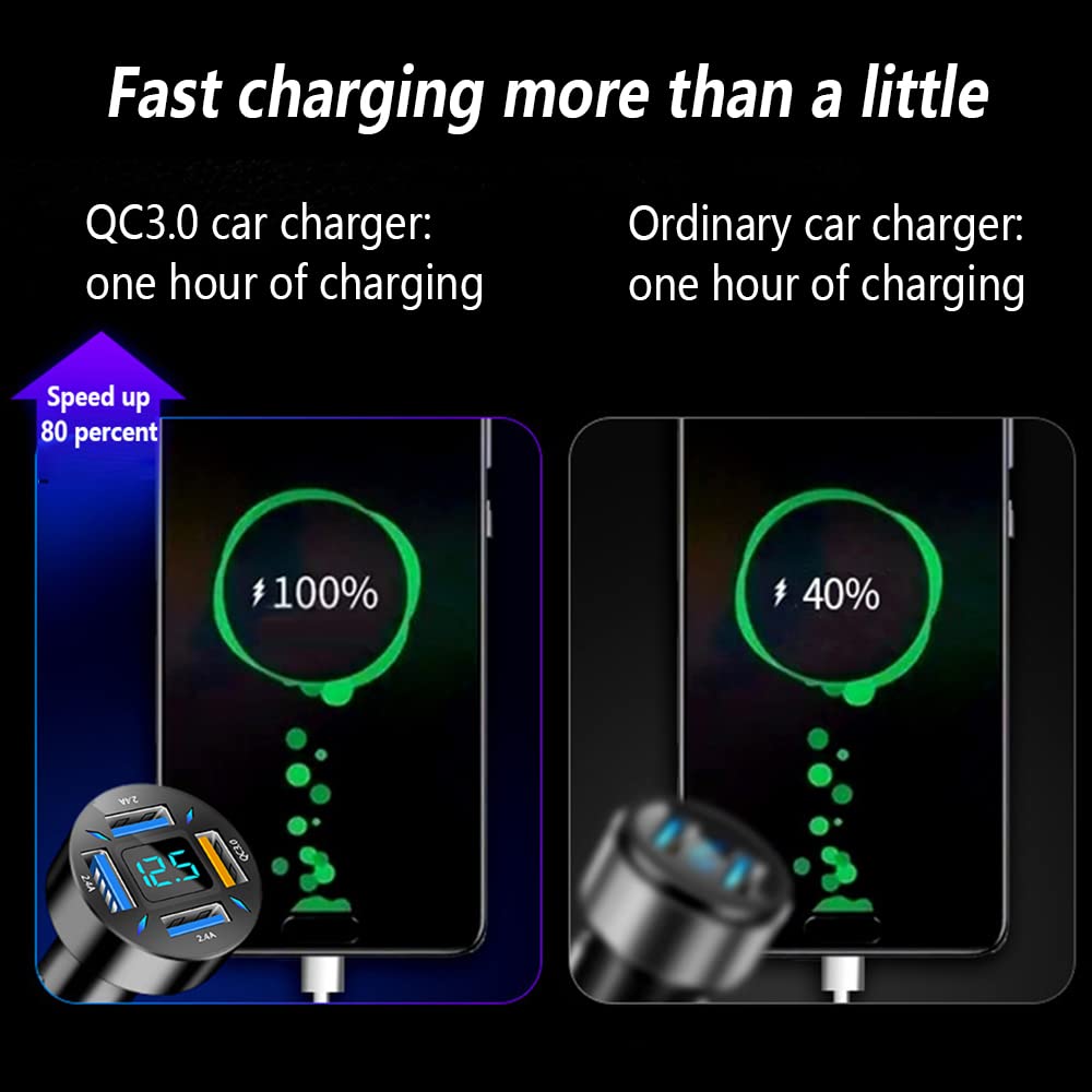4-Port USB Car Fast Charger with QC3.0 & LED Lights - 36W High Speed Cigarette Lighter USB Charger Compatible with iPhone 15/14, Samsung Galaxy S23, iPad Pro & More Smartphones - Perfect for Road Trips, Family Travel & Business Commutes