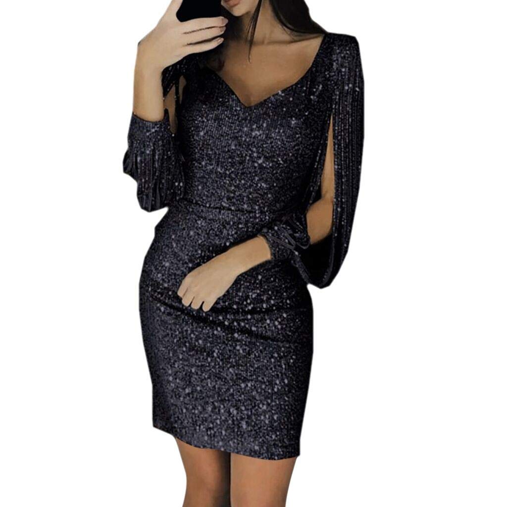 Elegant Women's Sequin Bodycon Mini Dress Long Sleeve Party Club Evening Gown for Wedding Guest, Date Night, Cocktail Party & Special Occasions