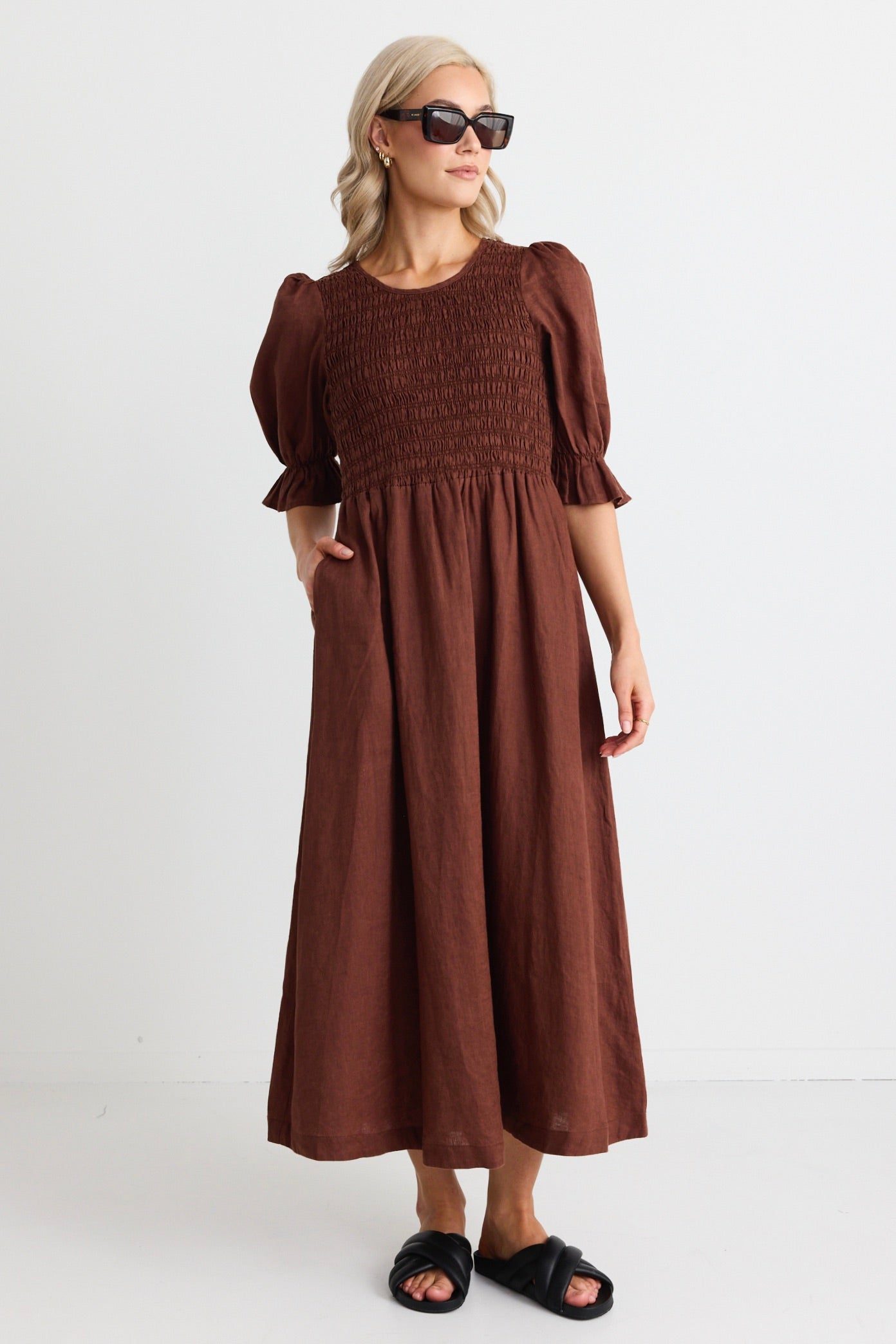 Canary Chocolate Linen Puff Sleeve Shirred Bodice Midi Dress - Elegant Summer Dress for Women, Perfect for Beach Vacations, Garden Parties & Date Nights
