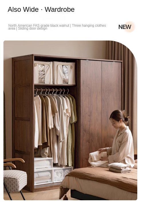 Premium Black Walnut Solid Wood Sliding Door Wardrobe Closet - Modern Bedroom Storage Solution for Home & Office Organization