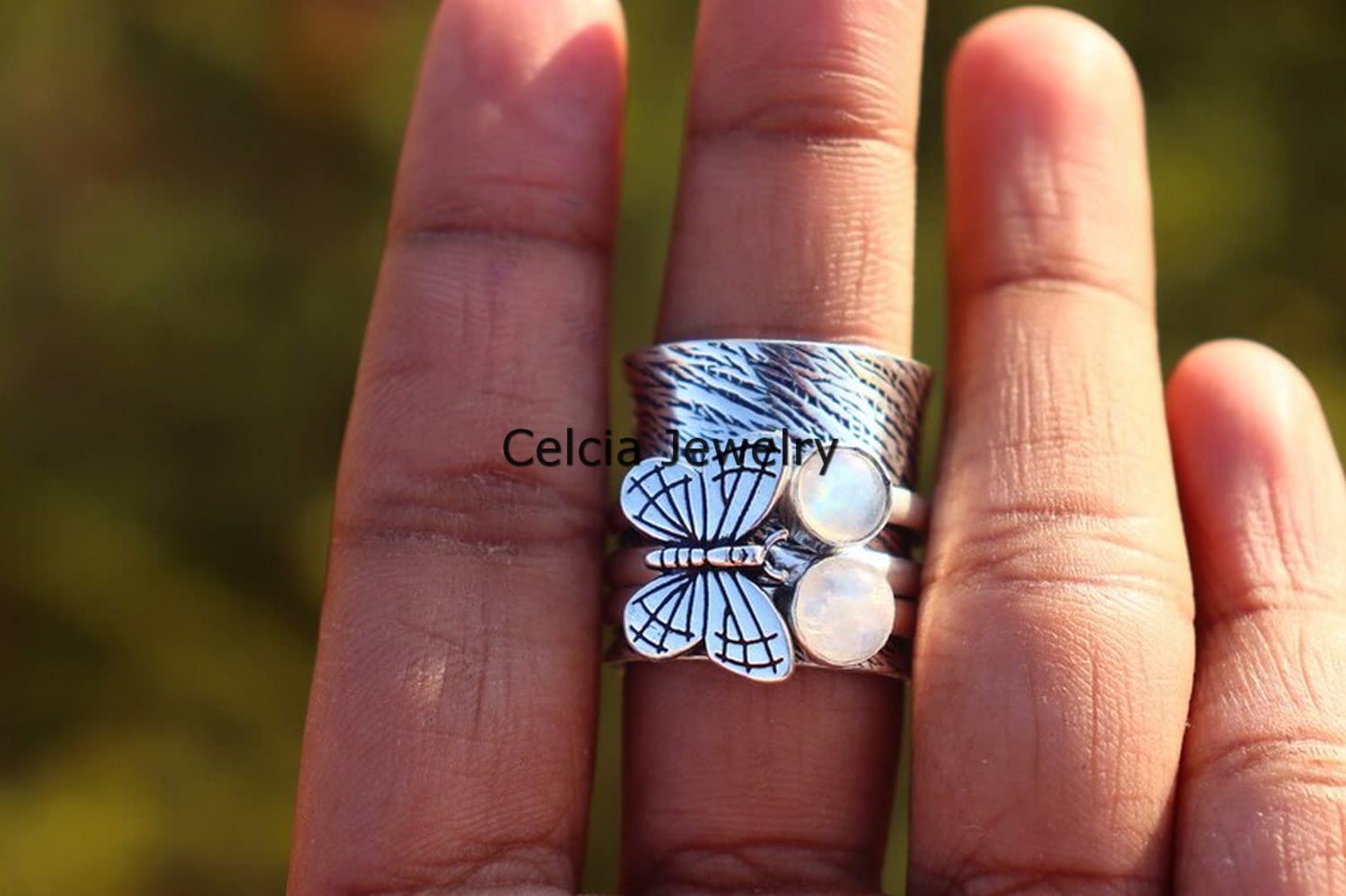Moonstone Butterfly Spinner Ring - Handmade Double Gemstone Designer Jewelry for Women | June Birthstone Ring | Meditation & Stress Relief | US Size 7 | Perfect for Yoga, Gift Giving & Spiritual Healing