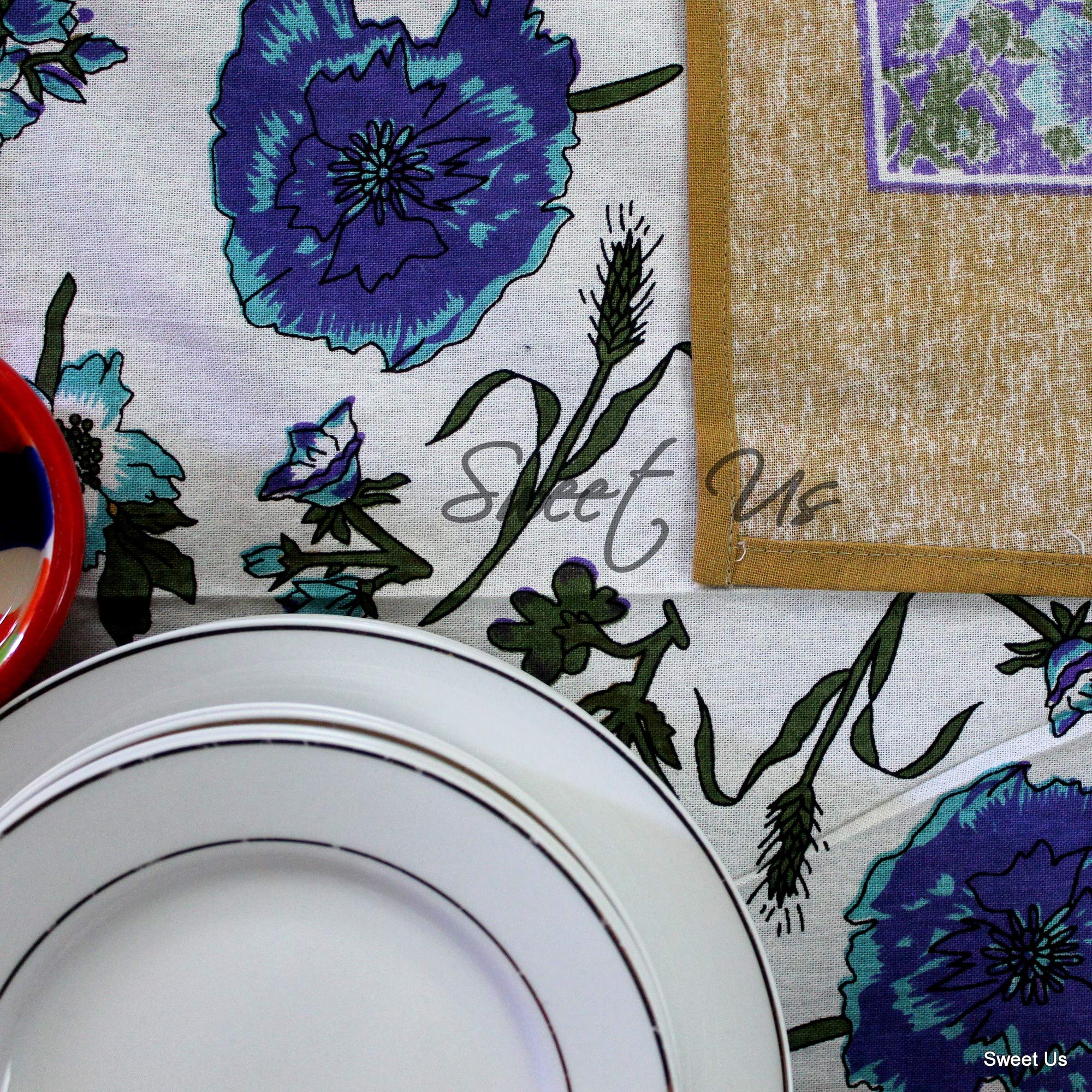 Premium Cotton Floral Tablecloth - White Gold Blue Purple Vine Pattern - 70 x 106 Inch Rectangle Table Cover for Dining, Parties, Weddings - Indoor & Outdoor Use - Washable & Wrinkle-Resistant