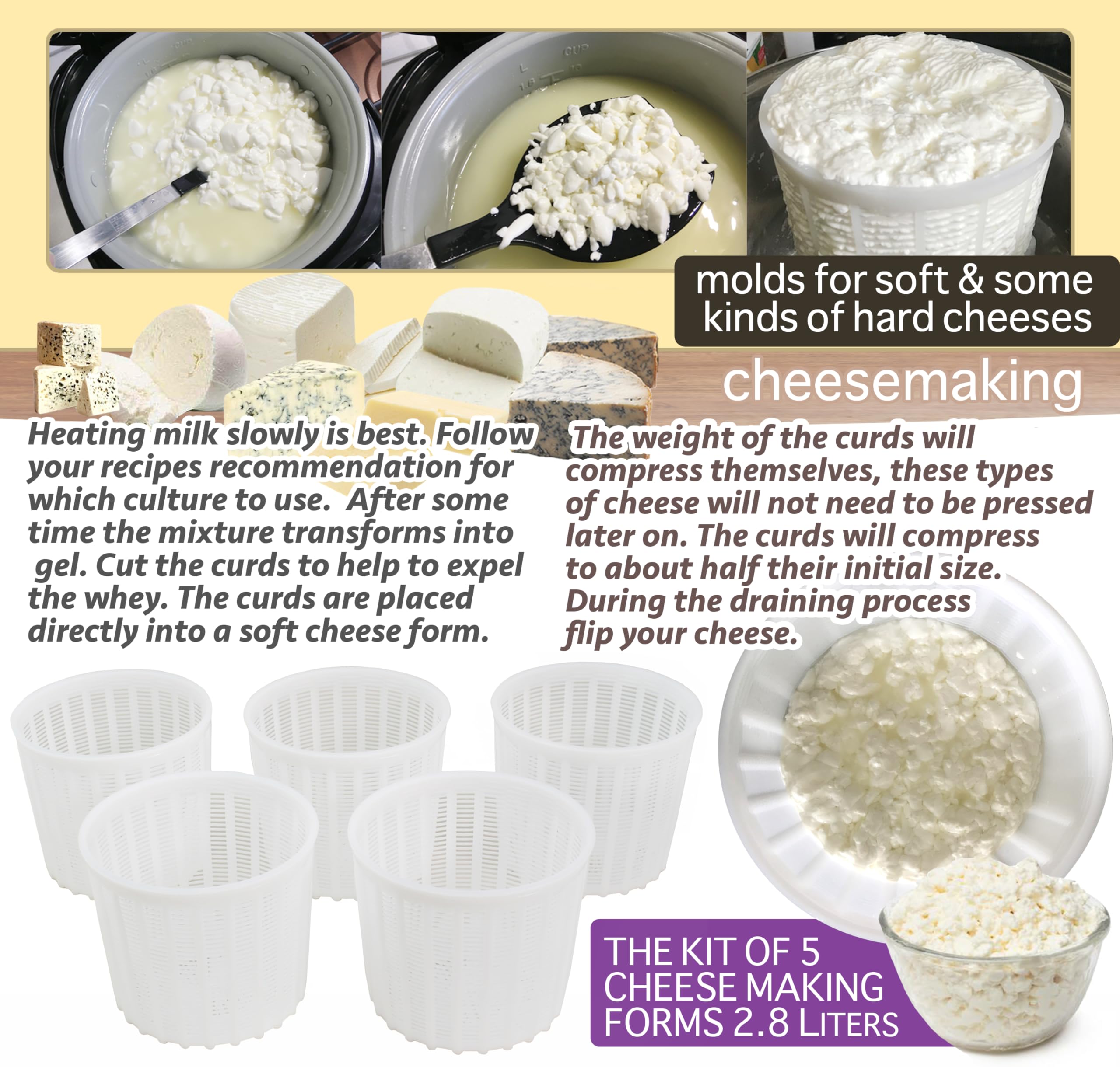 5-Piece Soft Cheese Mold Set for Homemade Cheese Making - 3 QT Cream Cheese, Feta & Ricotta Mold Basket - DIY Cheese Forming Supplies - Perfect for Artisan Cheesemaking, Home Kitchens & Gifts (Molde Para Queso Fresco Casero)