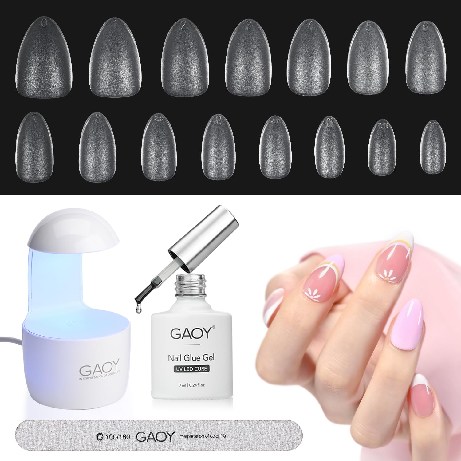 GAOY 360Pcs Matte Extra Short Almond Nail Tips & Glue Gel Kit with Mini UV Light - Professional Gel Nail Extension Kit for Home Manicure, Salon Use & DIY Nail Art