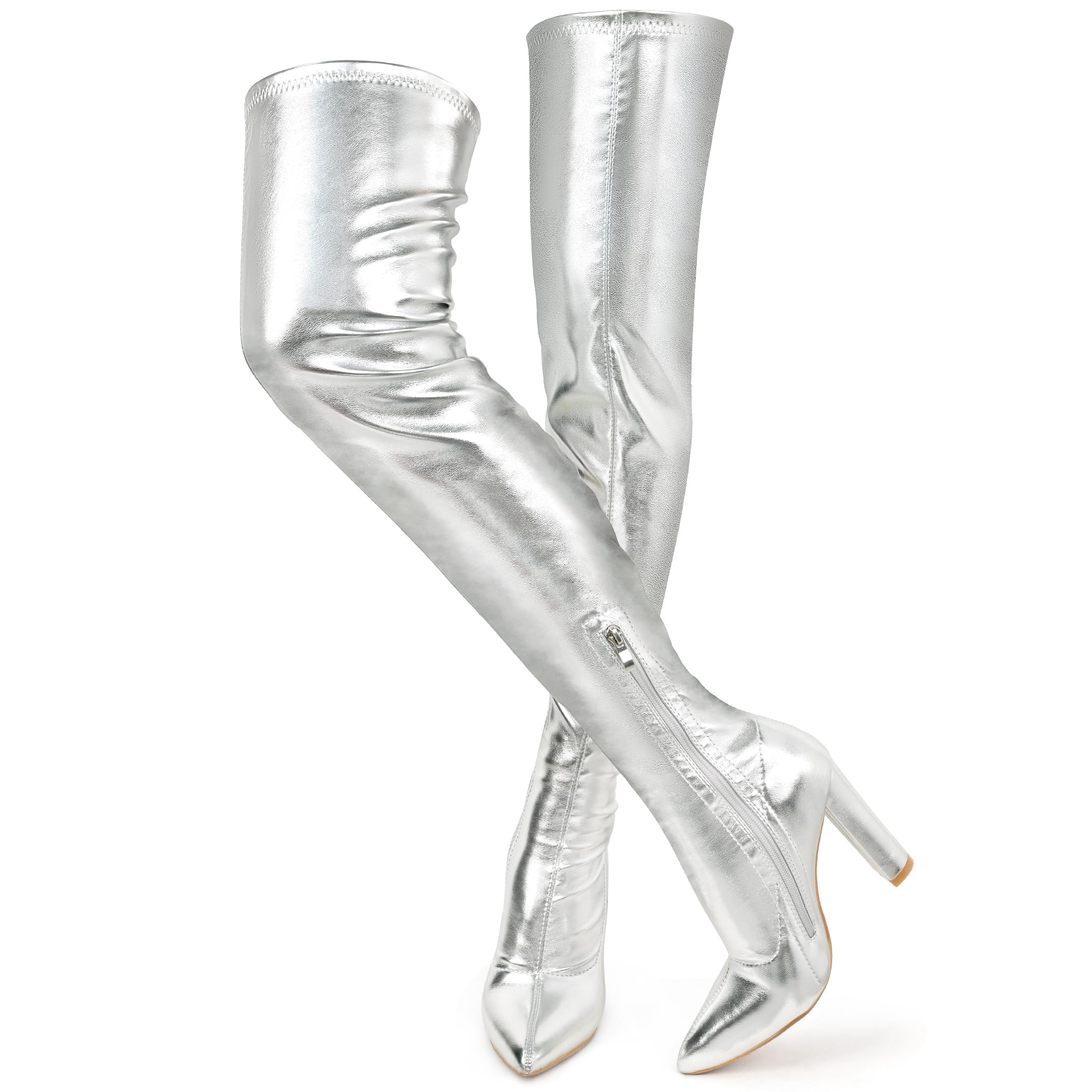 Women's Thigh High Boots - Chunky Heel Over The Knee Boots, Patent Leather PU Stretchy Tall Boots with Pointed Toe | Sexy Fashion GOGO Boots for Prom, Party & Night Out | Knee High Boots for Women