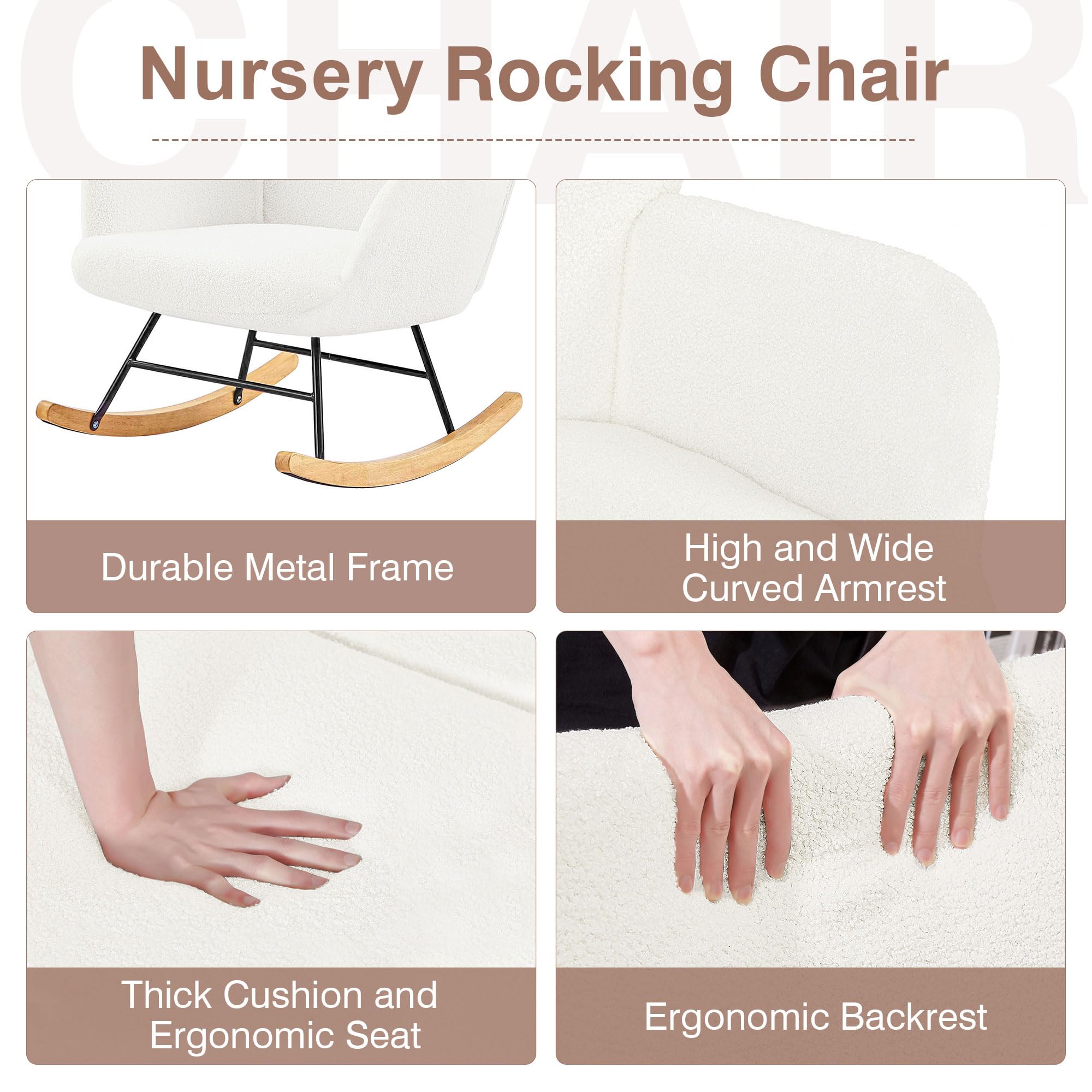 VECELO Modern Upholstered Teddy Fabric Rocking Chair - Nursery Glider with Padded Seat & High Backrest - Comfortable Armchair with Storage Pocket for Living Room, Bedroom, Balcony or Office Use - Perfect for Nursing, Reading & Relaxing