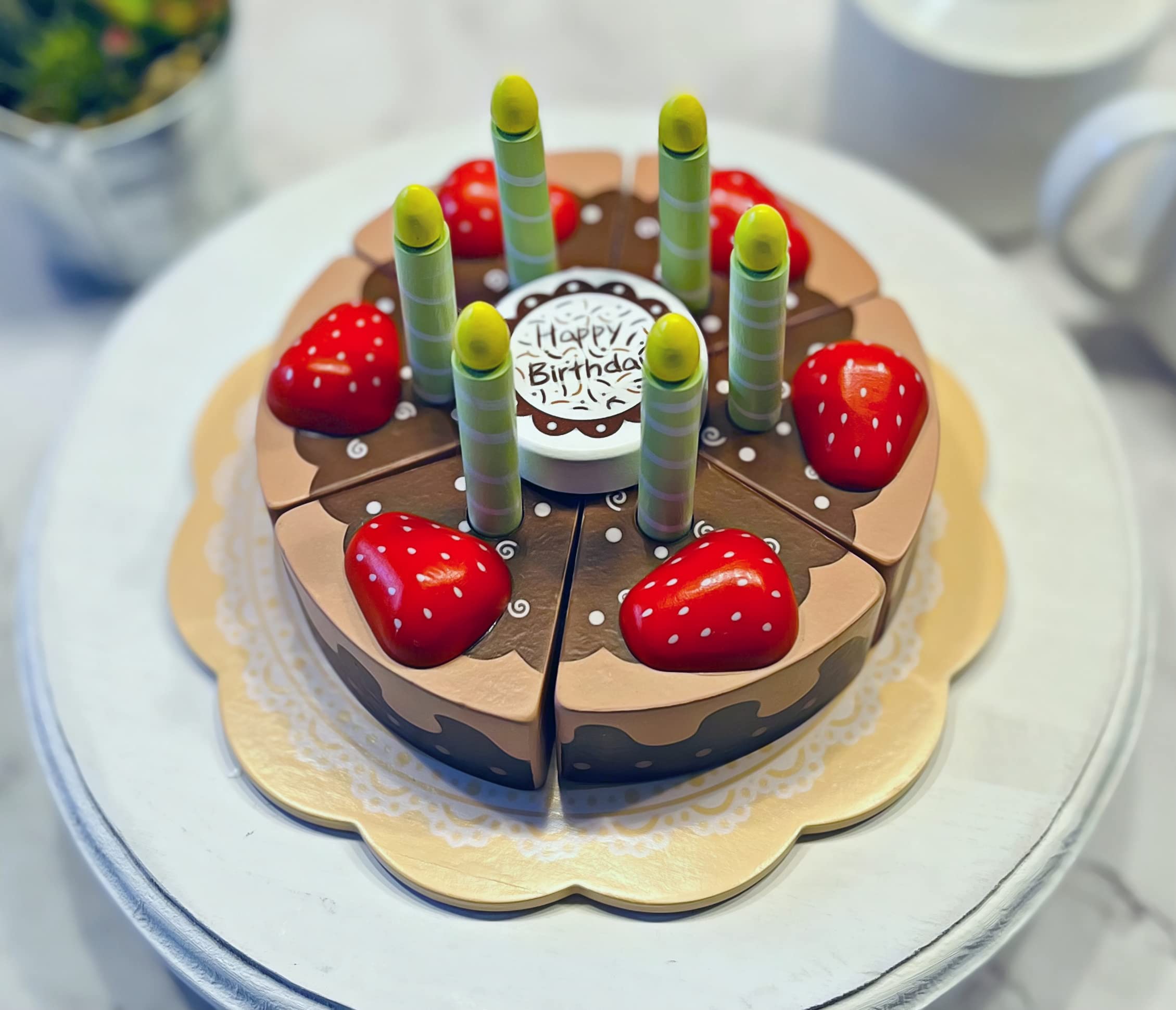 Artificial Chocolate Strawberry Fake Cake - Wooden Birthday Decoration for Parties, Weddings & Home Decor