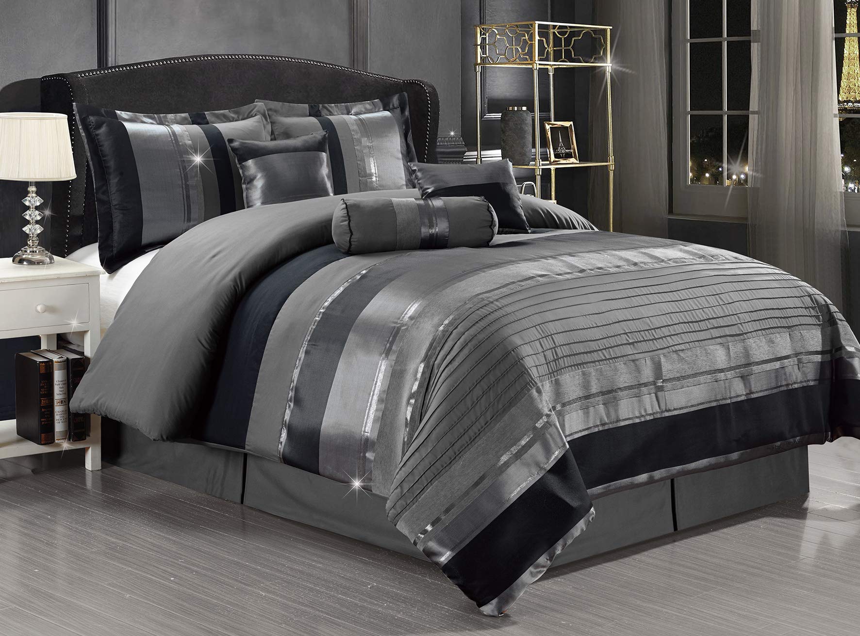 GrandLinen 7-Piece Queen Size Chenille Woven Jacquard Comforter Set - Gray Silver Stripe Bed in a Bag (94x92 Inches) | Luxury Soft Bedding for Master Bedroom, Guest Room & Dorm