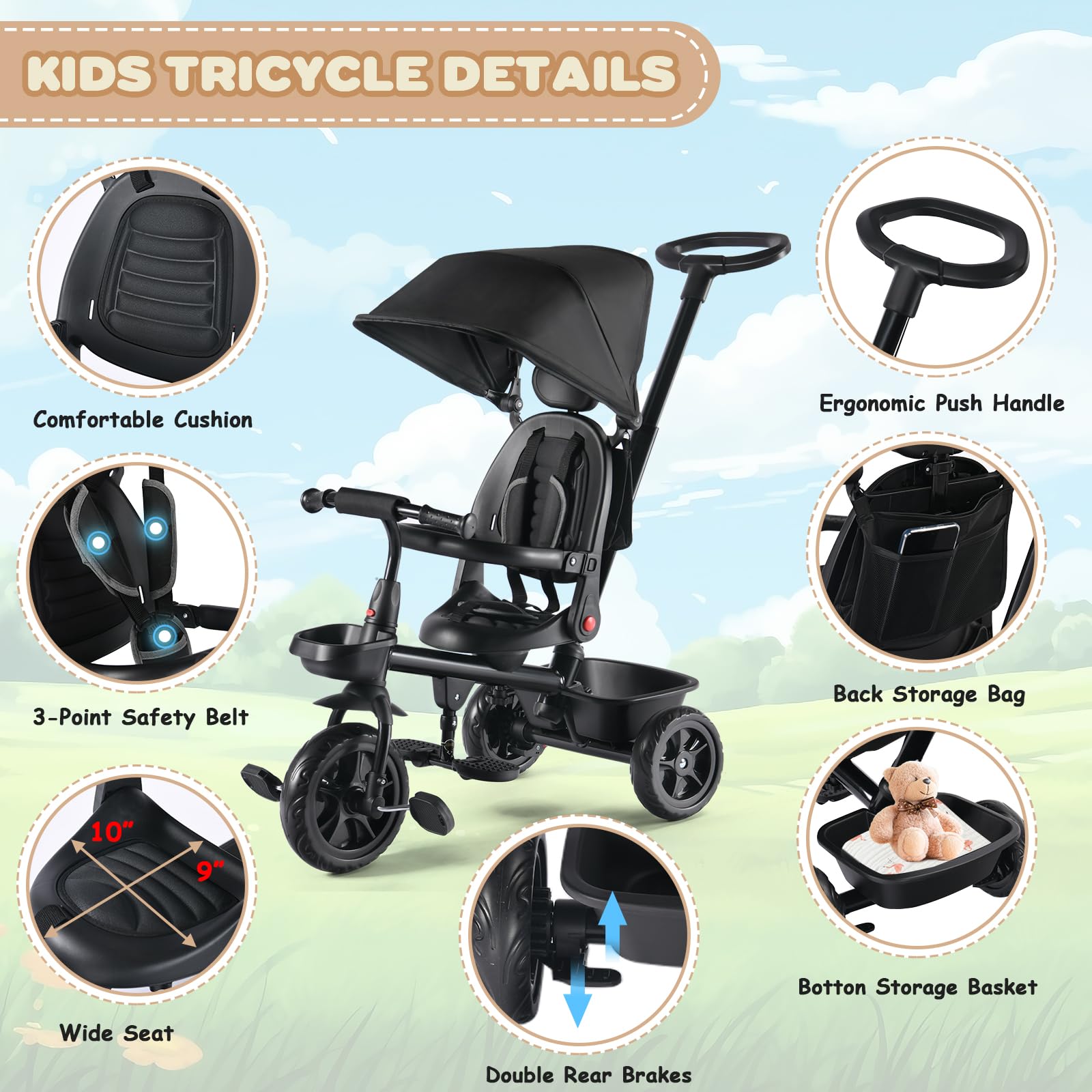 **6-in-1 Kids Tricycle with Removable Canopy & Push Handle – Adjustable Toddler Bike for Boys & Girls 12-60 Months – 360° Swivel Seat, Folding Pedals, EVA Wheels & Storage Basket – Perfect for Outdoor Play, Park Rides & Learning Balance (Black)**