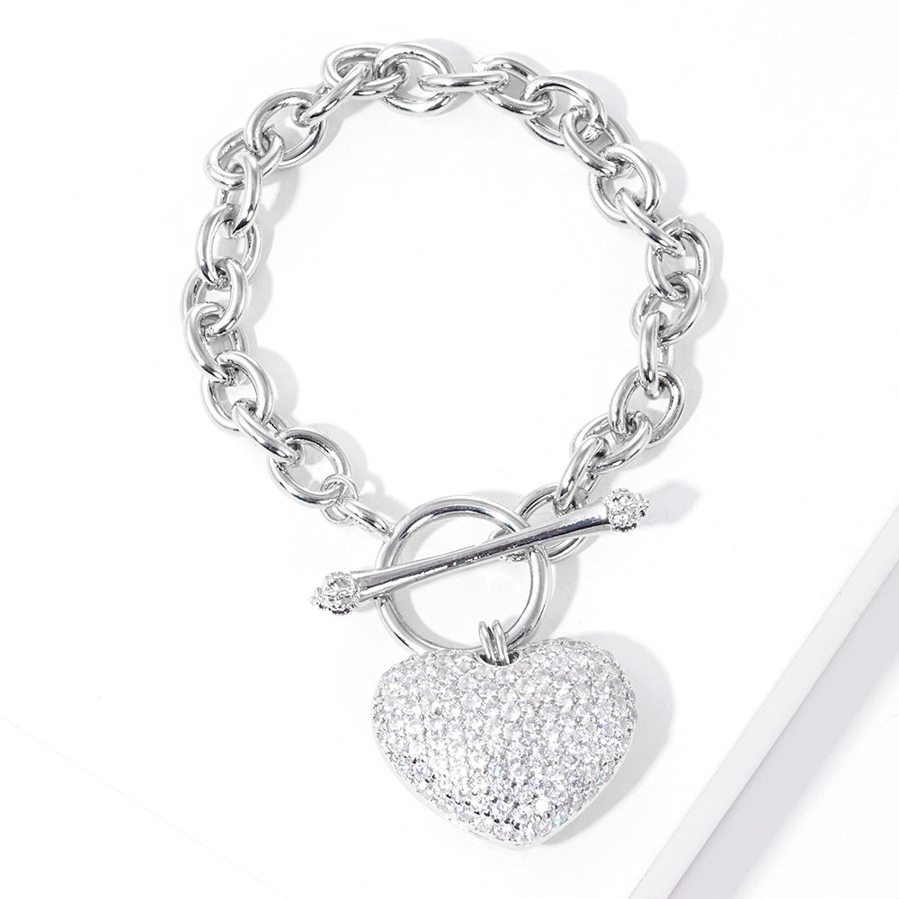White Gold Dipped Rhinestone Heart Charm Toggle Bracelet for Women - Elegant Adjustable Fashion Jewelry Gift for Valentine's Day, Anniversary & Special Occasions