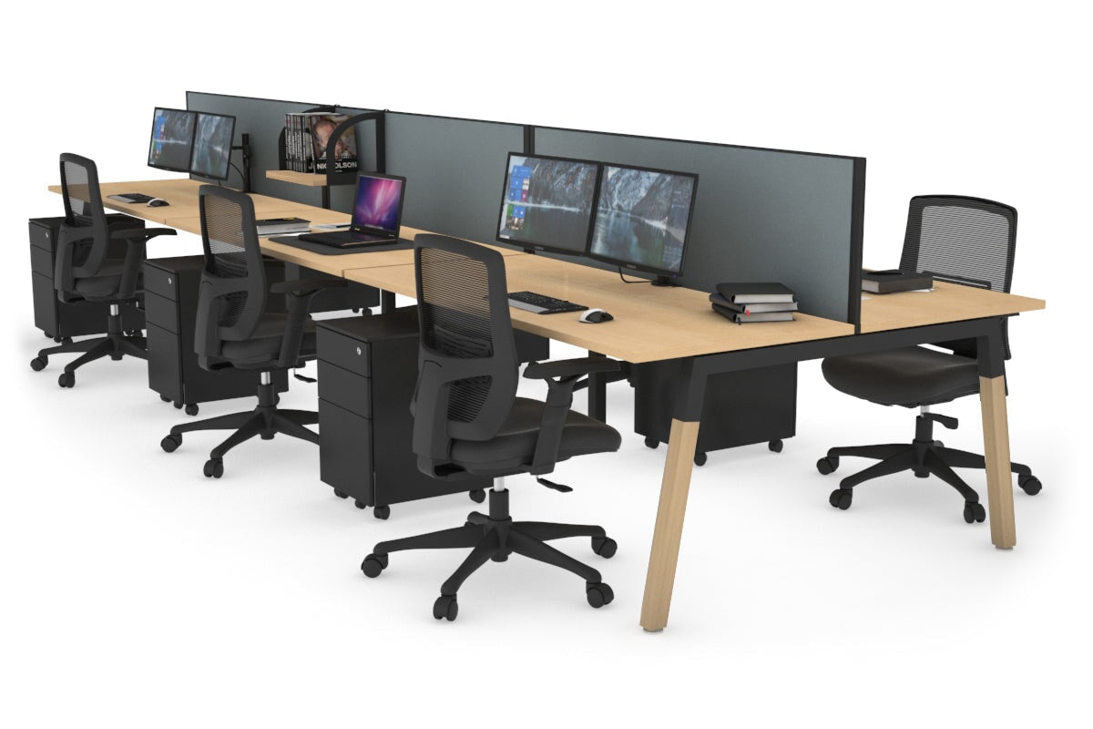 Quadro A Legs 6-Person Office Workstation with Wood Legs & Cross Beam [1600L x 700W] - Perfect for Collaborative Workspaces, Conference Rooms & Open Office Layouts