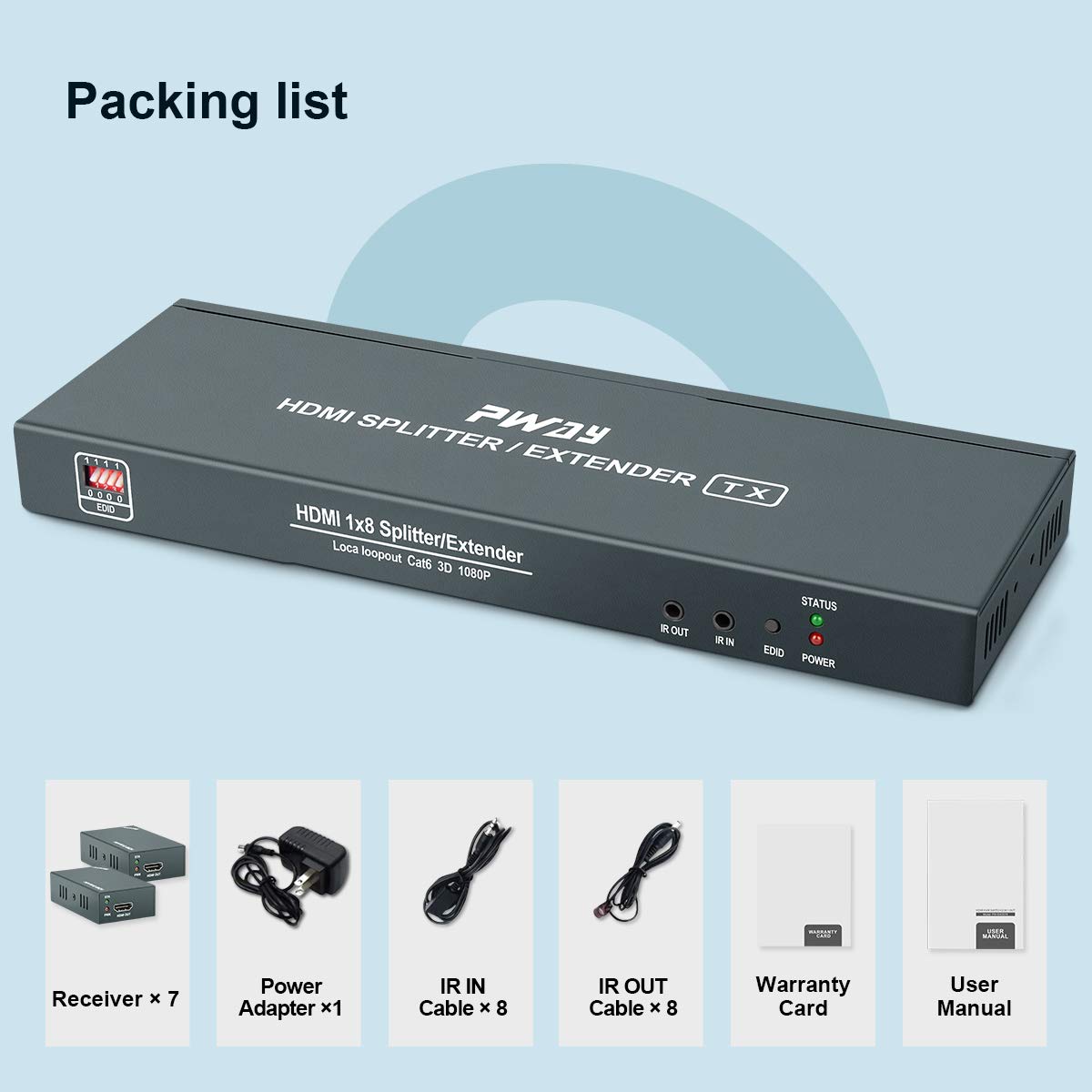 7 Port HDMI Extender Splitter Over CAT6/CAT6a/CAT7 - 1080p 60Hz up to 50m (165ft) with HDMI Loop Out, Bi-Directional IR Remote & EDID Management (1 in 7 Out) - Perfect for Home Theater, Conference Rooms & Multi-Screen Displays