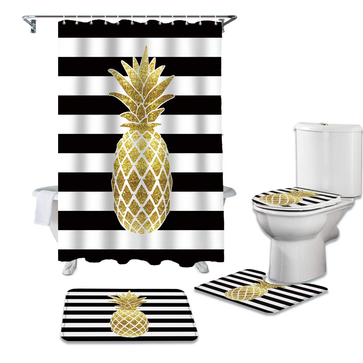 4-Piece Farmhouse Shower Curtain Set with Non-Slip Bath Mat & Toilet Lid Cover - Golden Pineapple Print, Waterproof Black White Striped Design for Bathroom Decor - Perfect for Vintage, Coastal, or Tropical Themed Bathrooms