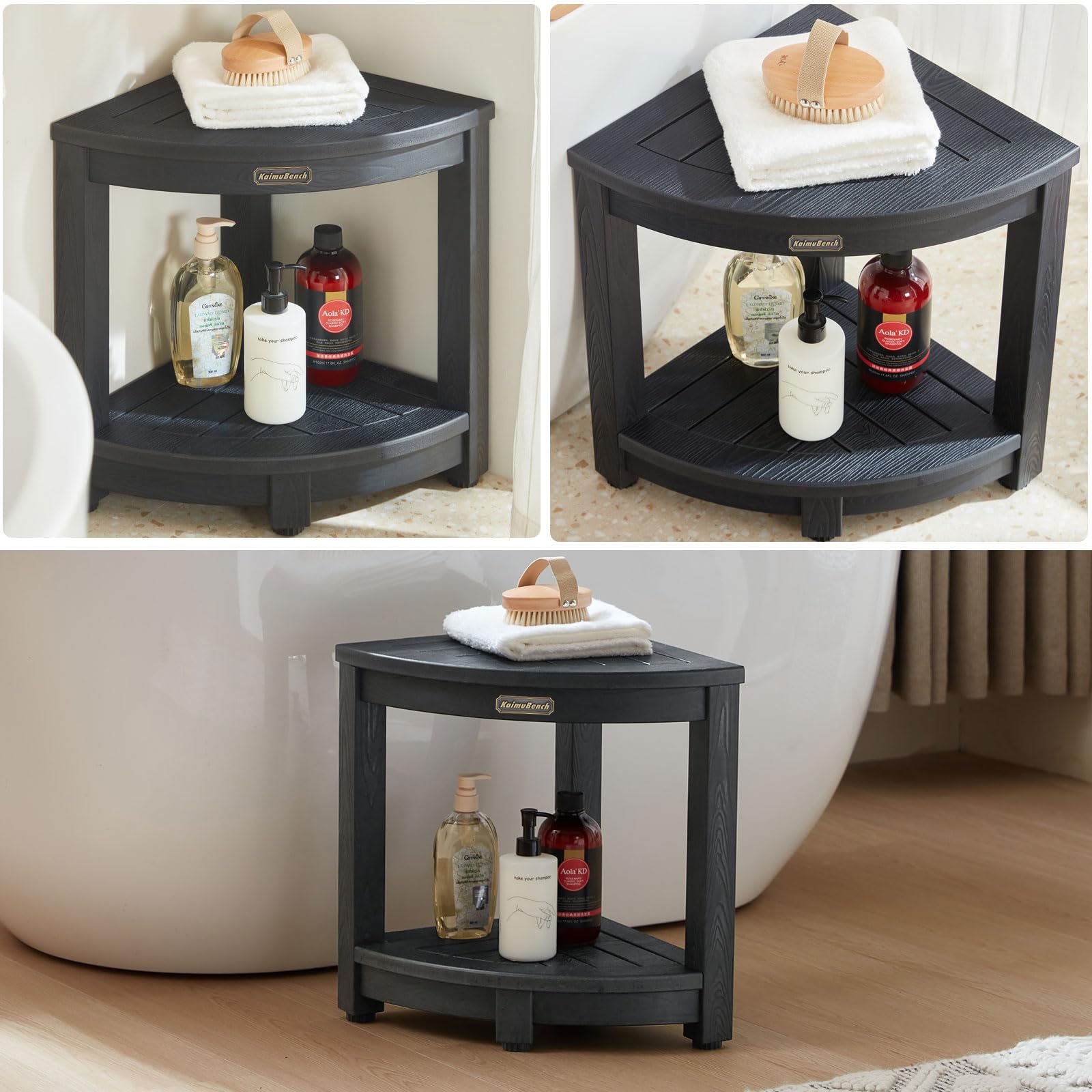 Non-Slip Adjustable Shower Bench Seat - Black Plastic Bath Stool for Elderly & Shaving Legs - Corner Shower Chair with Sturdy Poly Lumber Design - Perfect for Bathroom Safety & Relaxing Spa Days