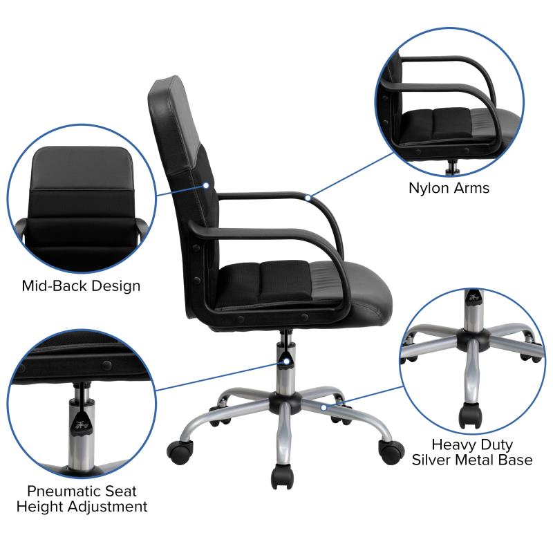 FLASH Manor Mid Back Black Leather and Mesh Swivel Task Office Chair with Arms - Ergonomic Desk Chair for Home Office, Gaming & Workspace Comfort