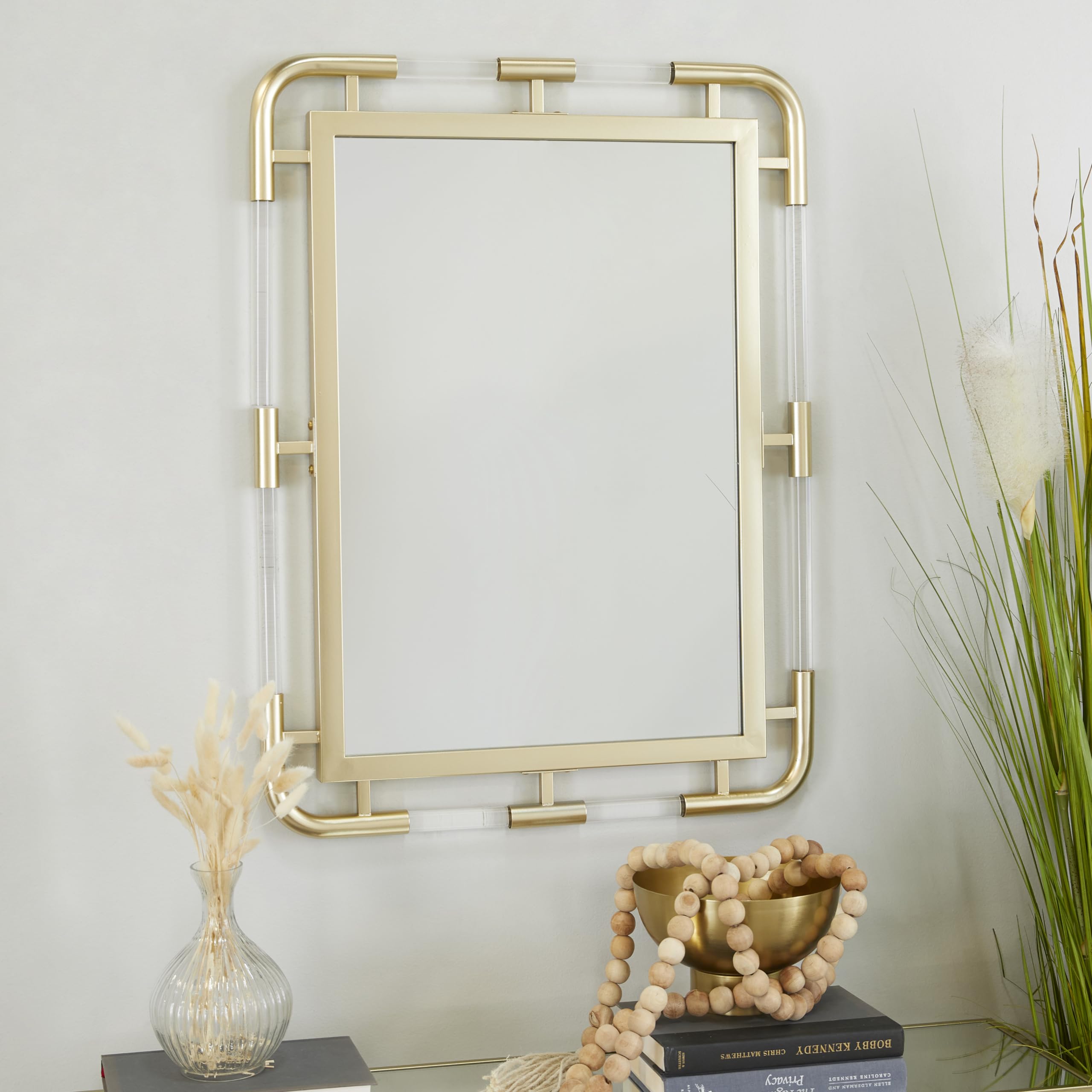 CosmoLiving by Cosmopolitan Gold Metal Wall Mirror 24x32 Inches - Modern Entryway Mirror with Acrylic Details for Hallway, Living Room & Bedroom Decor - Wall Mounted Mirror for Home & Office