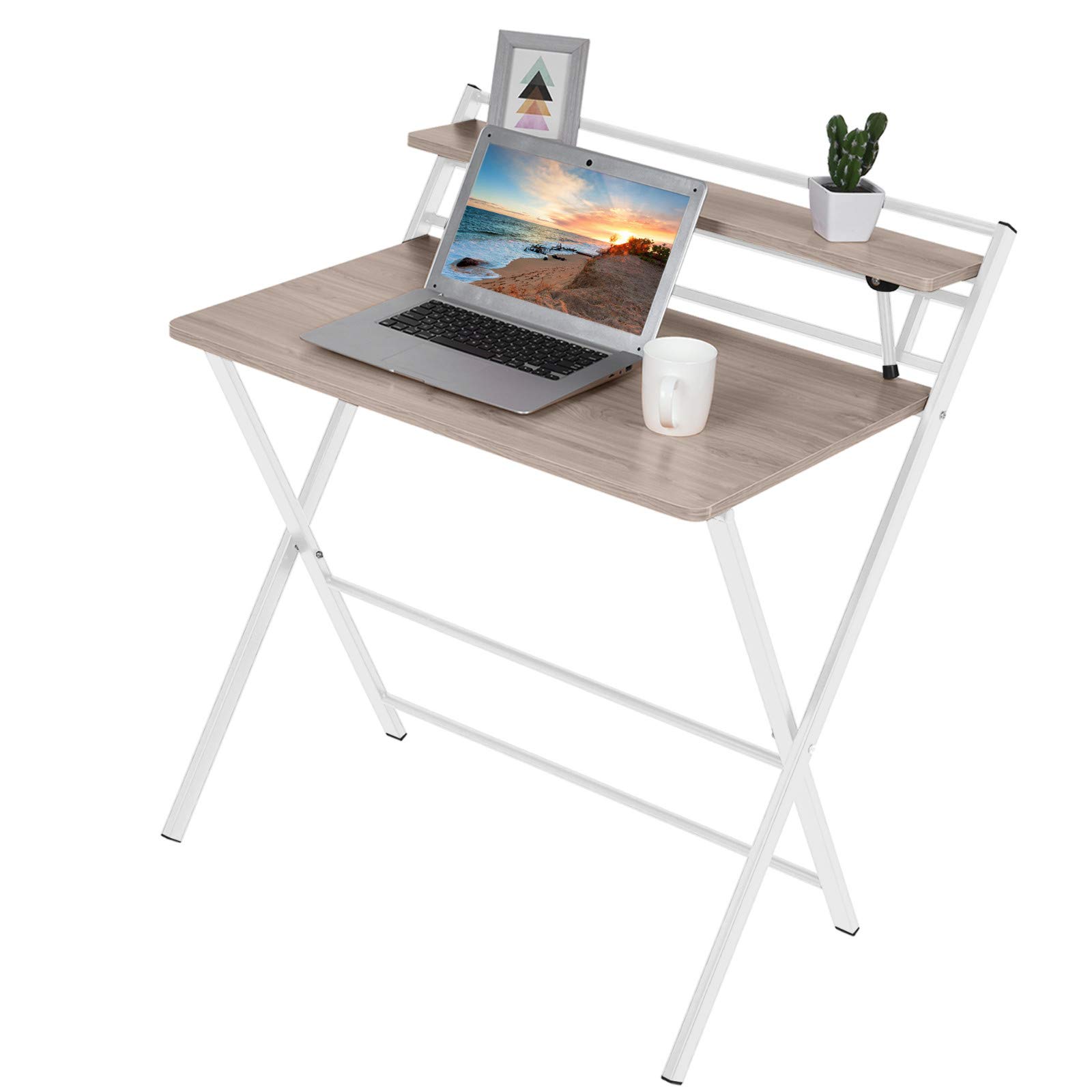 Portable Folding Desk No Assembly Needed with Storage Shelf - 2-Tier Lightweight X-Shaped Computer Desk for Home Office, Study & Camping (32.9