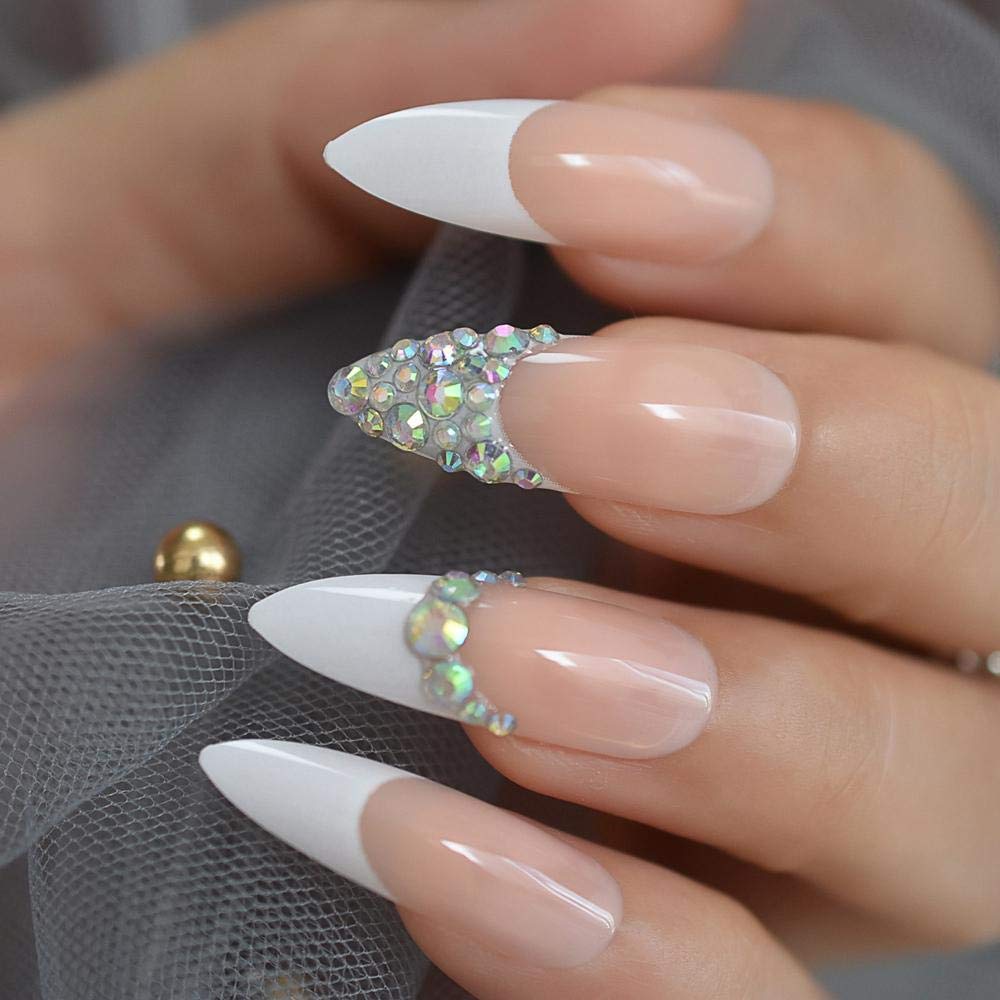 3D Rhinestone False Nails - Glamorous Ab Gemstone White French Tips, Super Long Press on Nails for Parties, Weddings & Special Events (24pcs) - Perfect for Nail Art, Cosplay and Night Out Looks
