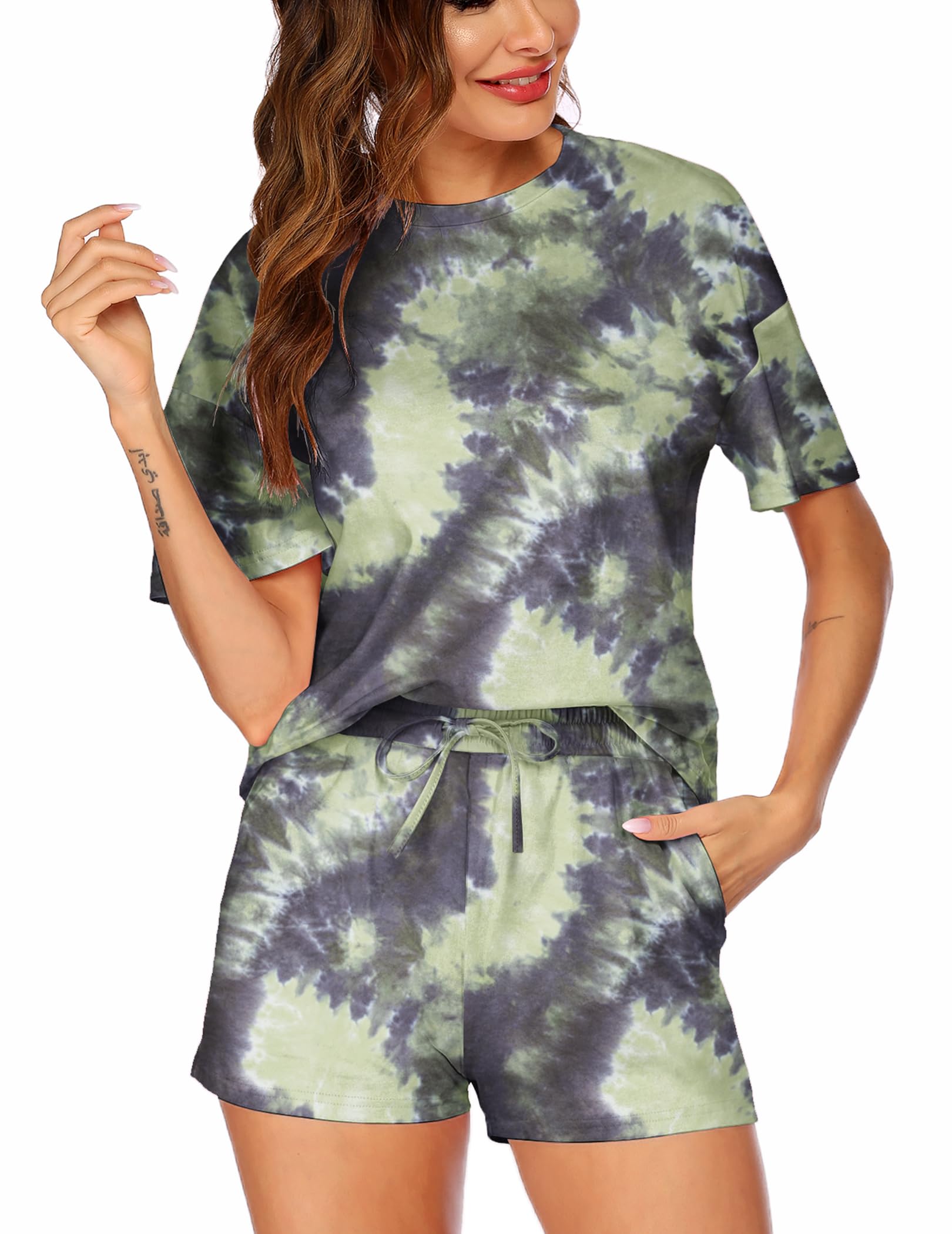 Hotouch Women's Printed Pajama Set - Soft 2-Piece Sleepwear with Short Sleeve Top & Shorts - Cozy Lounge & Sleepwear for Summer Nights, Vacations & Relaxing at Home