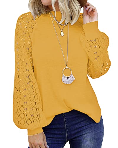 PLOKNRD Women's Long Sleeve Lace Waffle Knit Casual Blouse - Breathable Loose Fit T-Shirt Top for Everyday Wear, Office & Date Nights
