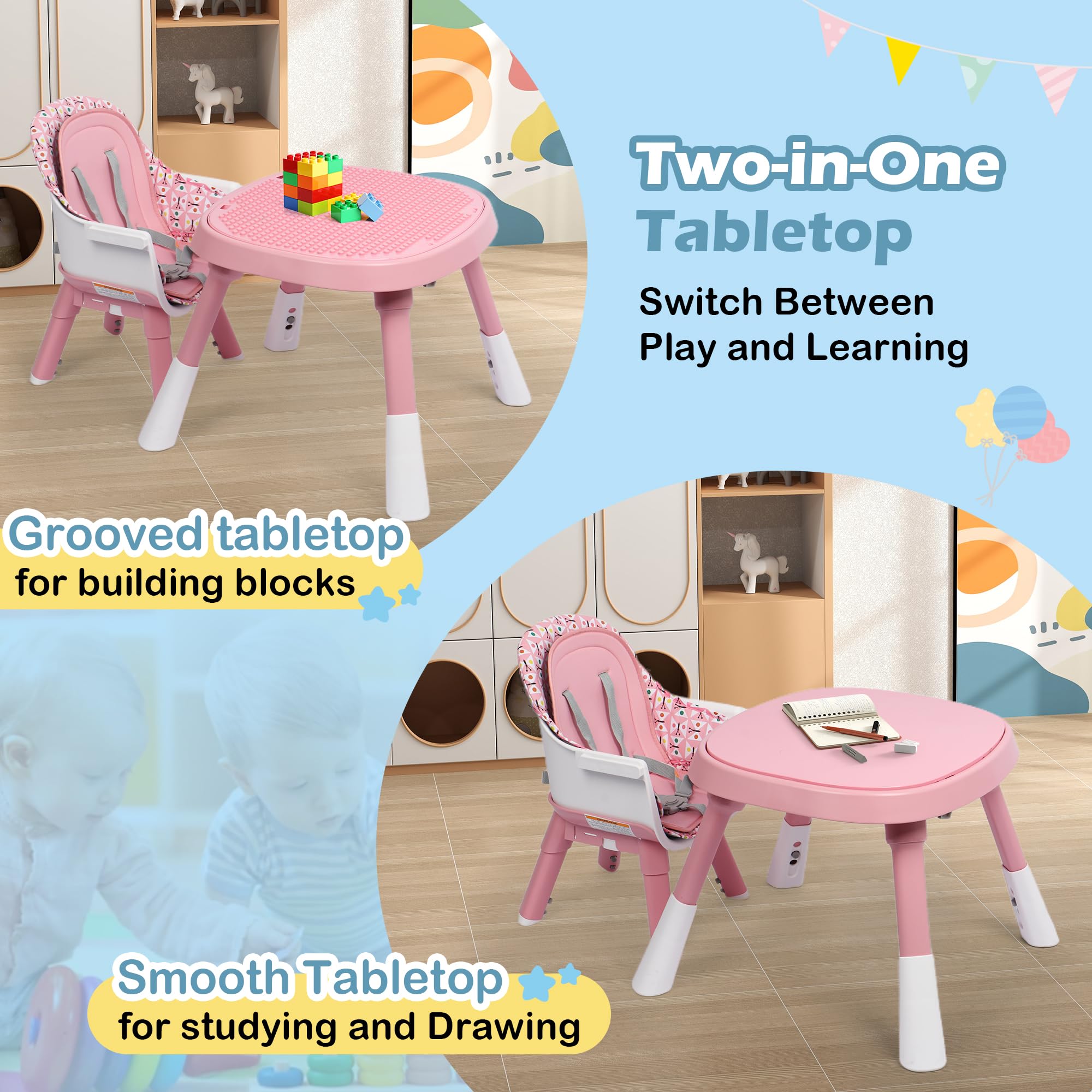 Xilingol 15-in-1 Convertible High Chair - 2-in-1 Baby Highchair & Activity Center with Toys, Booster Seat, Building Block Table | Toddler Chair with Removable Tray, 5-Point Harness & 2-Layer Cushion | Perfect for Feeding, Playtime & Learning Activities at Home