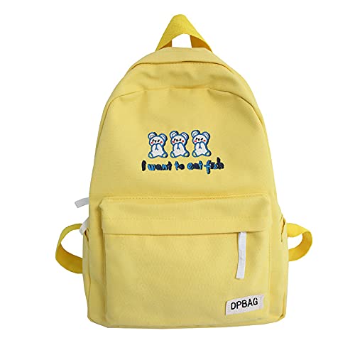 Cute Embroidered Canvas Backpack - Kawaii School & Travel Bag for Women & Teens (Yellow)