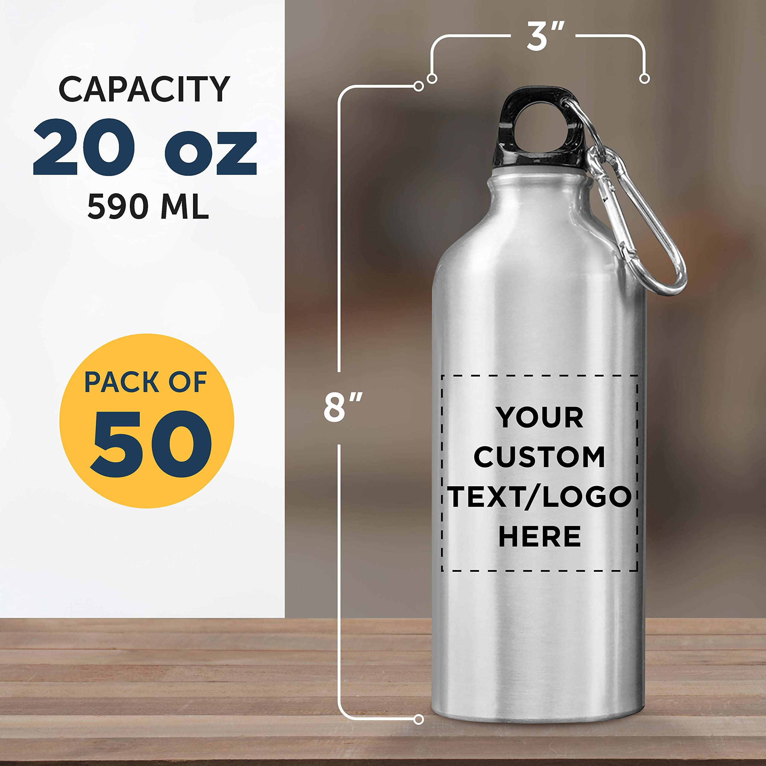 Custom 20 oz Aluminum Water Bottles Bulk Pack of 50 - Personalized Gym & Hiking Bottles - Eco-Friendly Reusable Drinkware for Sports, Office, Camping & Outdoor Activities - Silver
