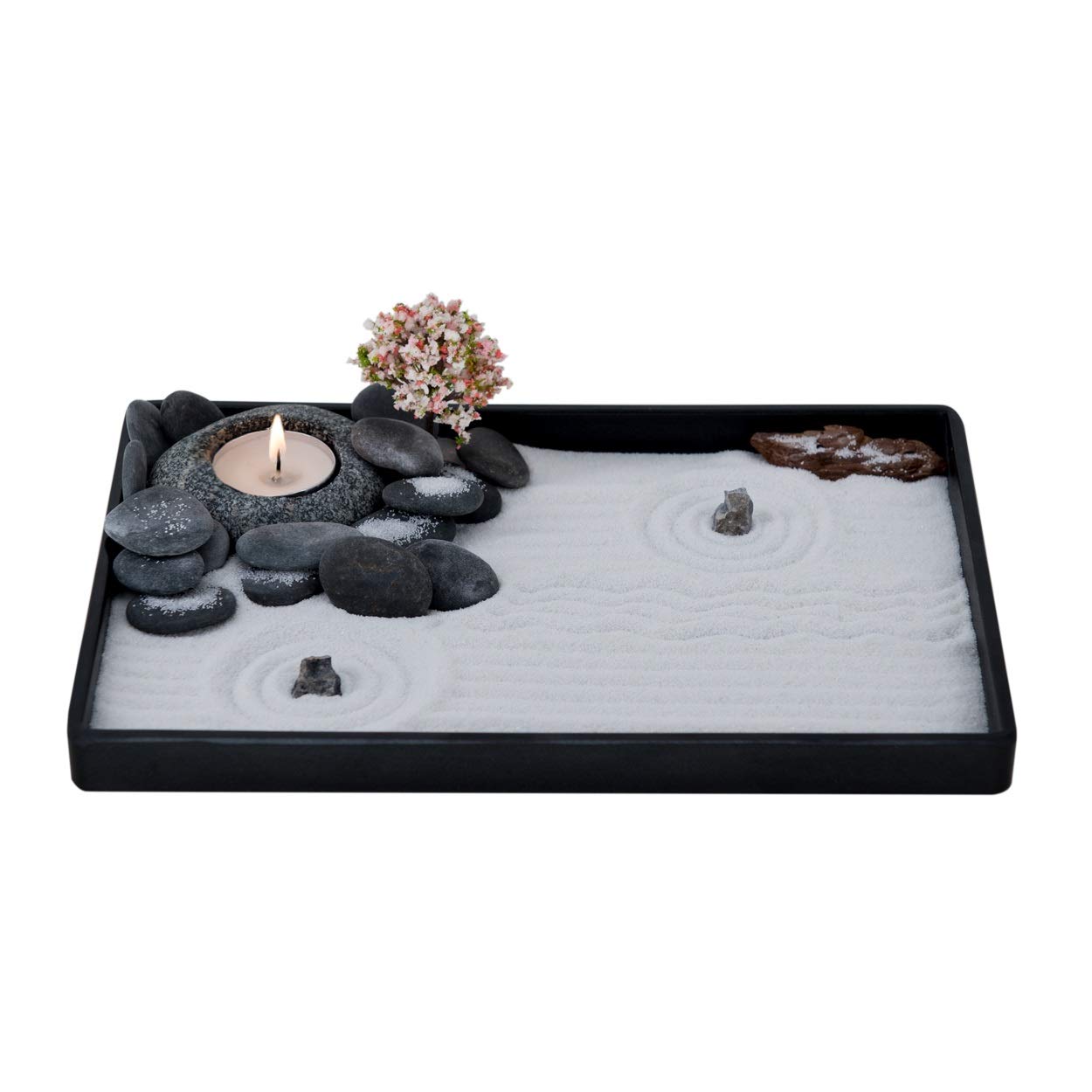 Handmade Zen Garden Pebbles Candle Holder Set with Sand, Base Tray & Tools - Meditation Decor for Home Office Desk, Spa Relaxation & Gift Idea