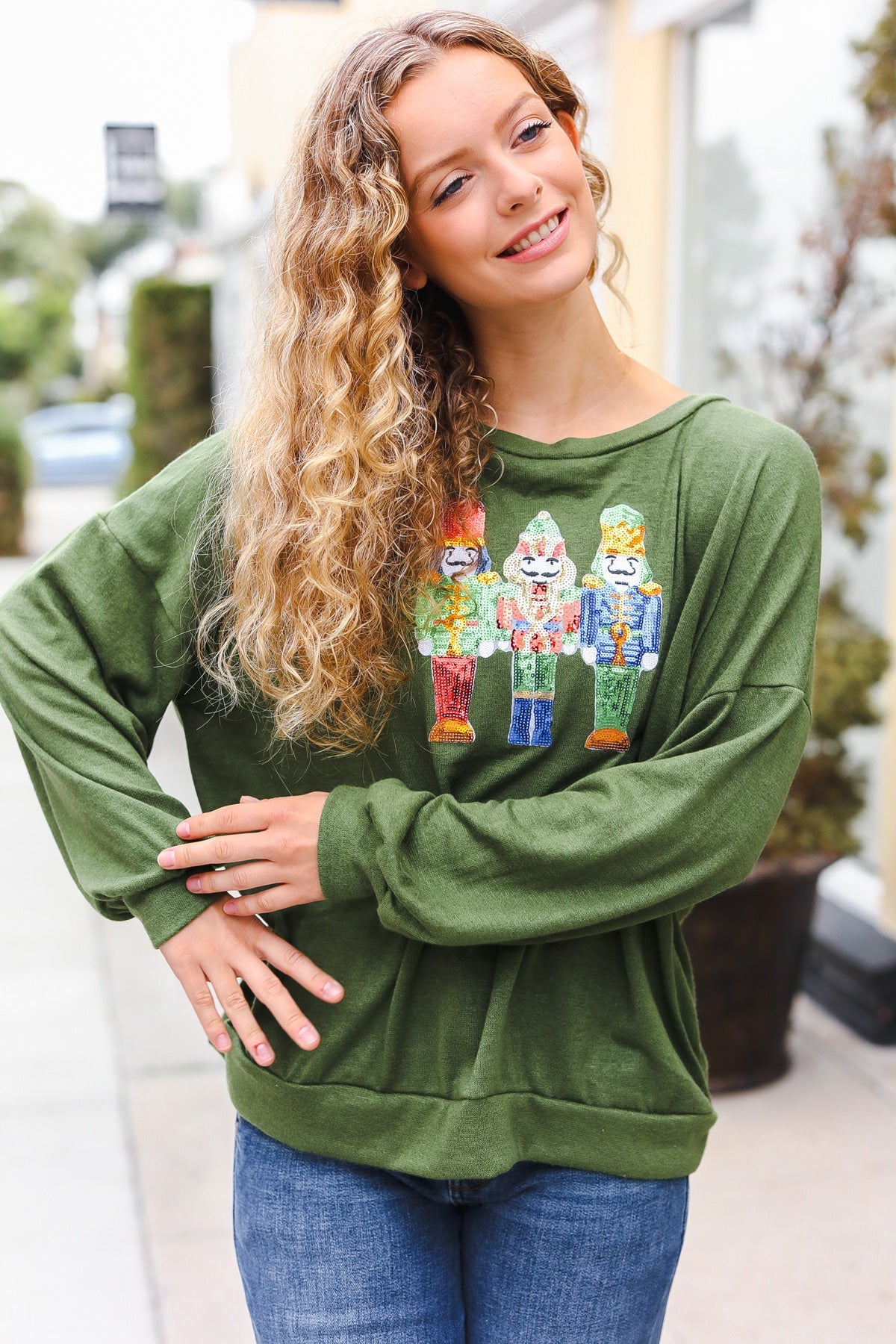 Festive Be Merry Forest Green Nutcracker Sequin Hacci Sweater Top for Christmas Party & Holiday Gatherings