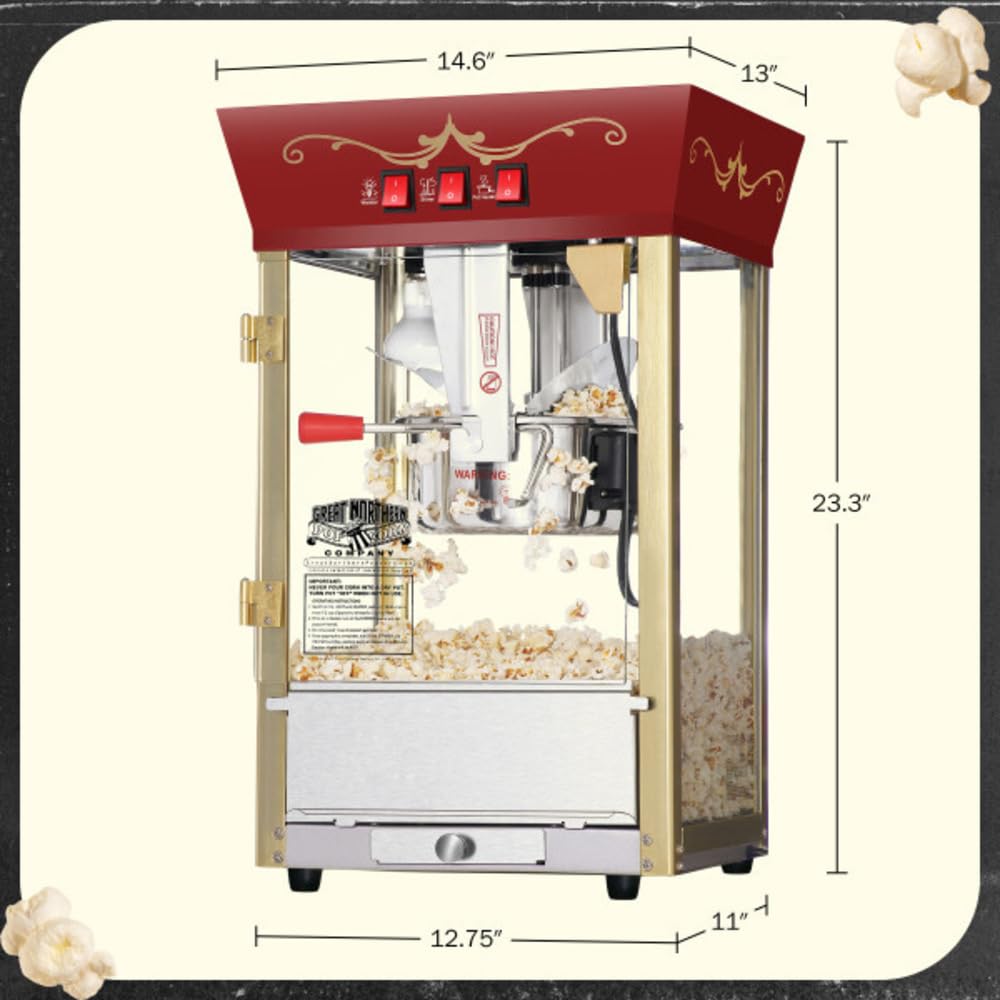 Great Northern Popcorn Matinee 8oz Popcorn Machine with Stainless Steel Kettle - Red Commercial Popcorn Popper with Reject Kernel Tray, Warming Light & Accessories for Movie Nights, Parties & Home Theater Snacks