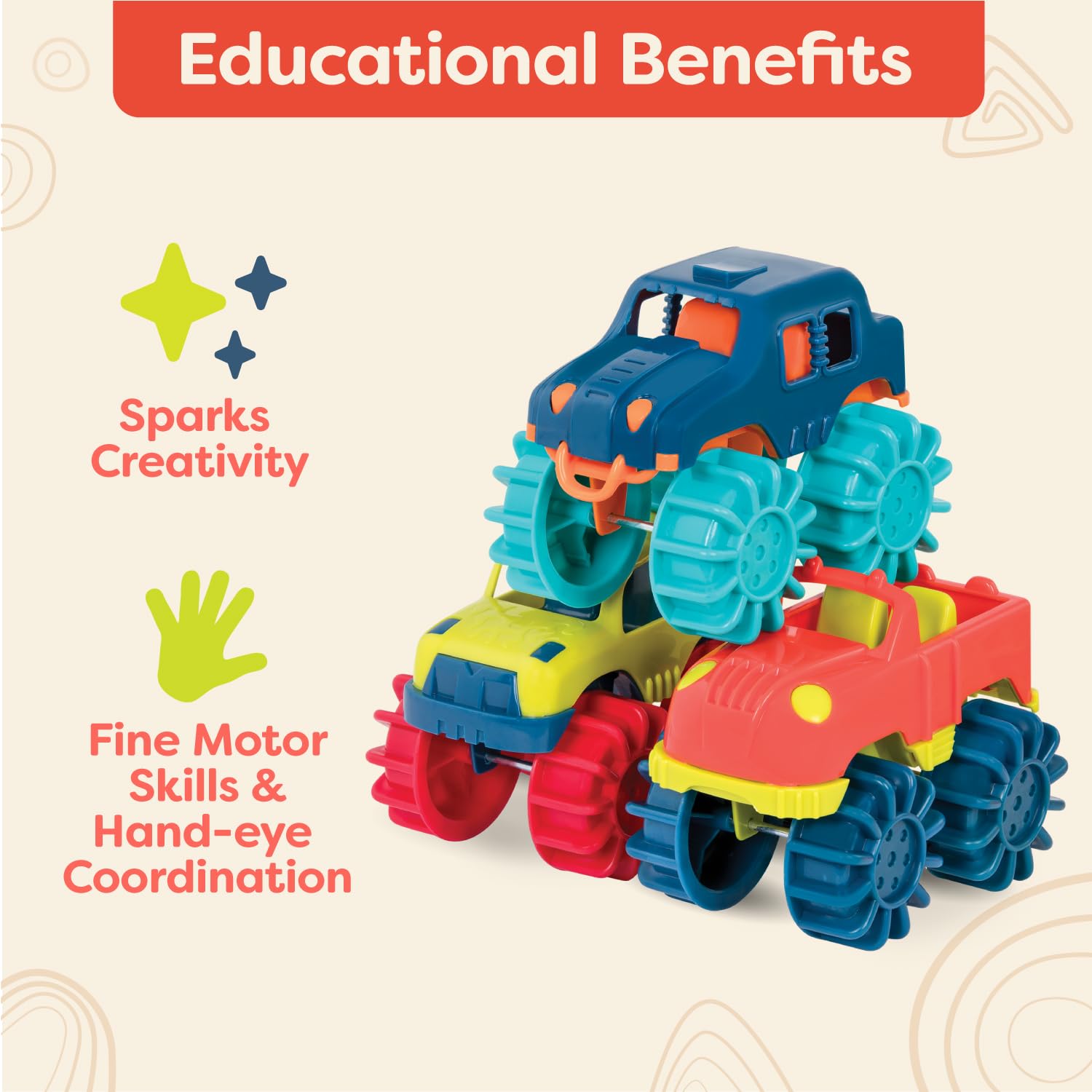 B. Toys - 6-Pack Plastic Toy Cars with Storage Bag | Colorful Mini Monster Trucks for Toddlers 2+ Years | Easy to Clean | Perfect for Playtime, Birthday Gifts & Preschool Learning Activities