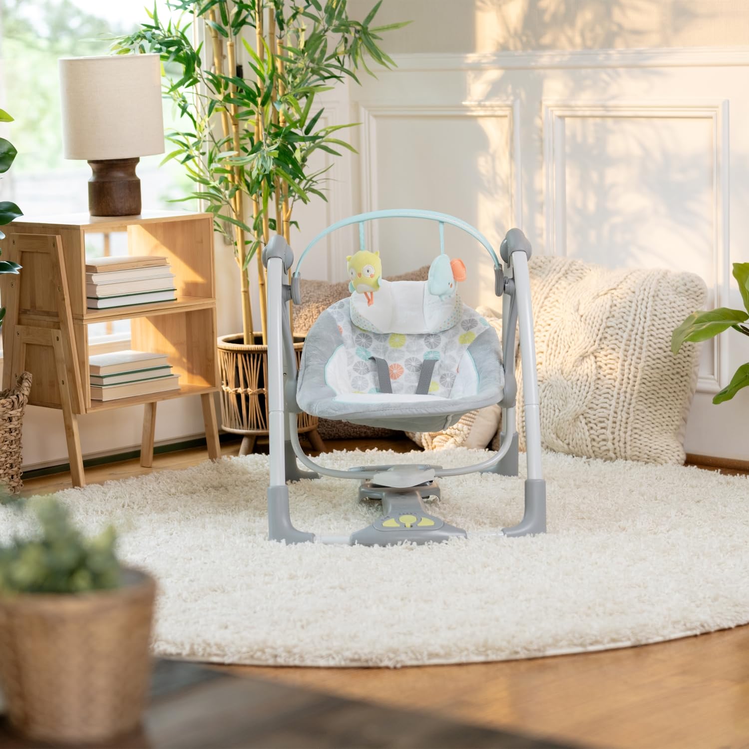 Ingenuity Swing 'n Go 5-Speed Baby Swing - Foldable, Portable Infant Swing with 2 Plush Toys & Soothing Sounds for Newborns 0-9 Months (6-20 lbs) | Perfect for Nursery, Travel & On-the-Go Parents (Hugs & Hoots)