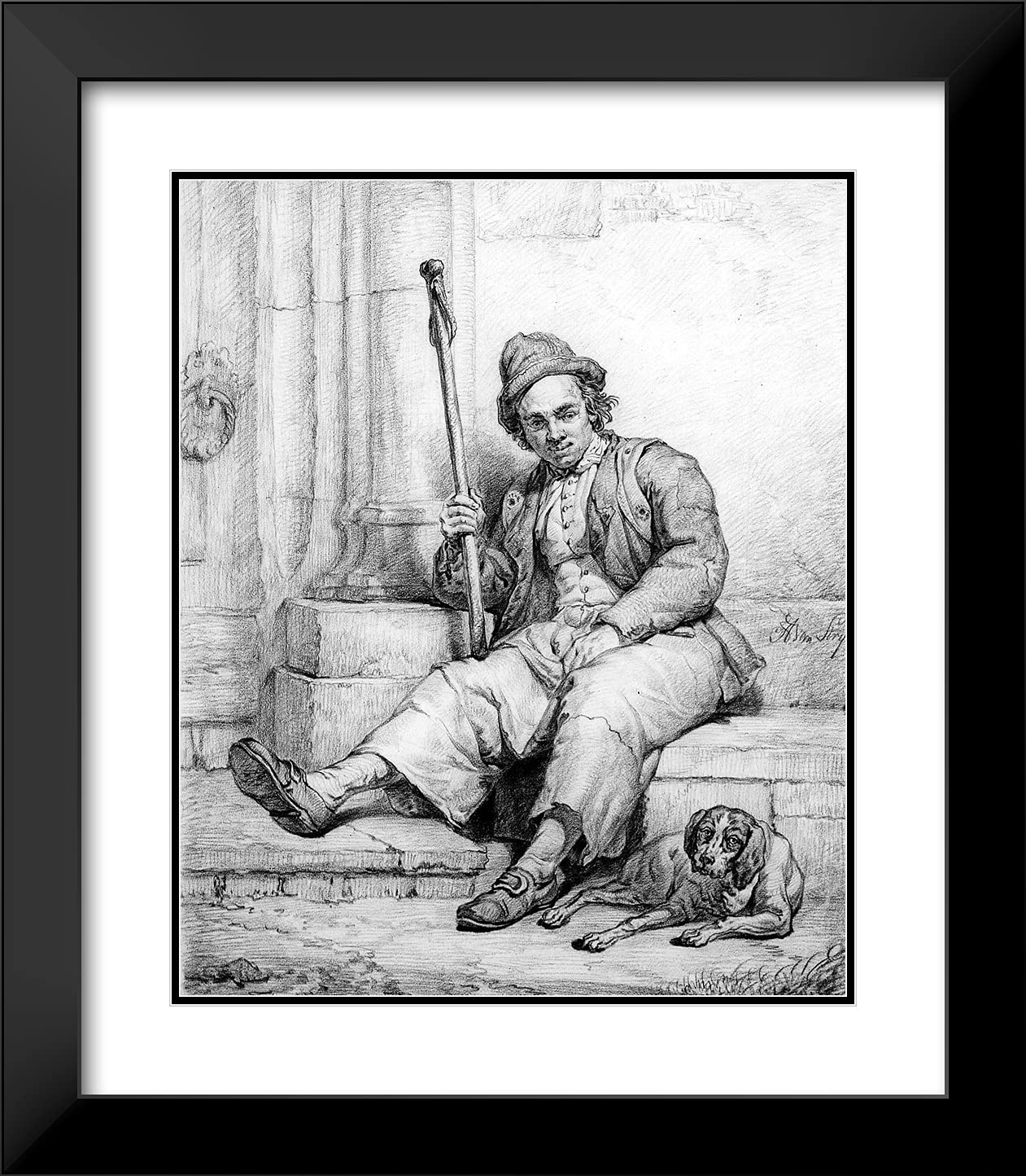 Abraham Van Strij 'Sitting Man with Dog' 20x23 Black Modern Framed Art Print with Double Matting - Perfect for Living Room, Bedroom & Office Decor