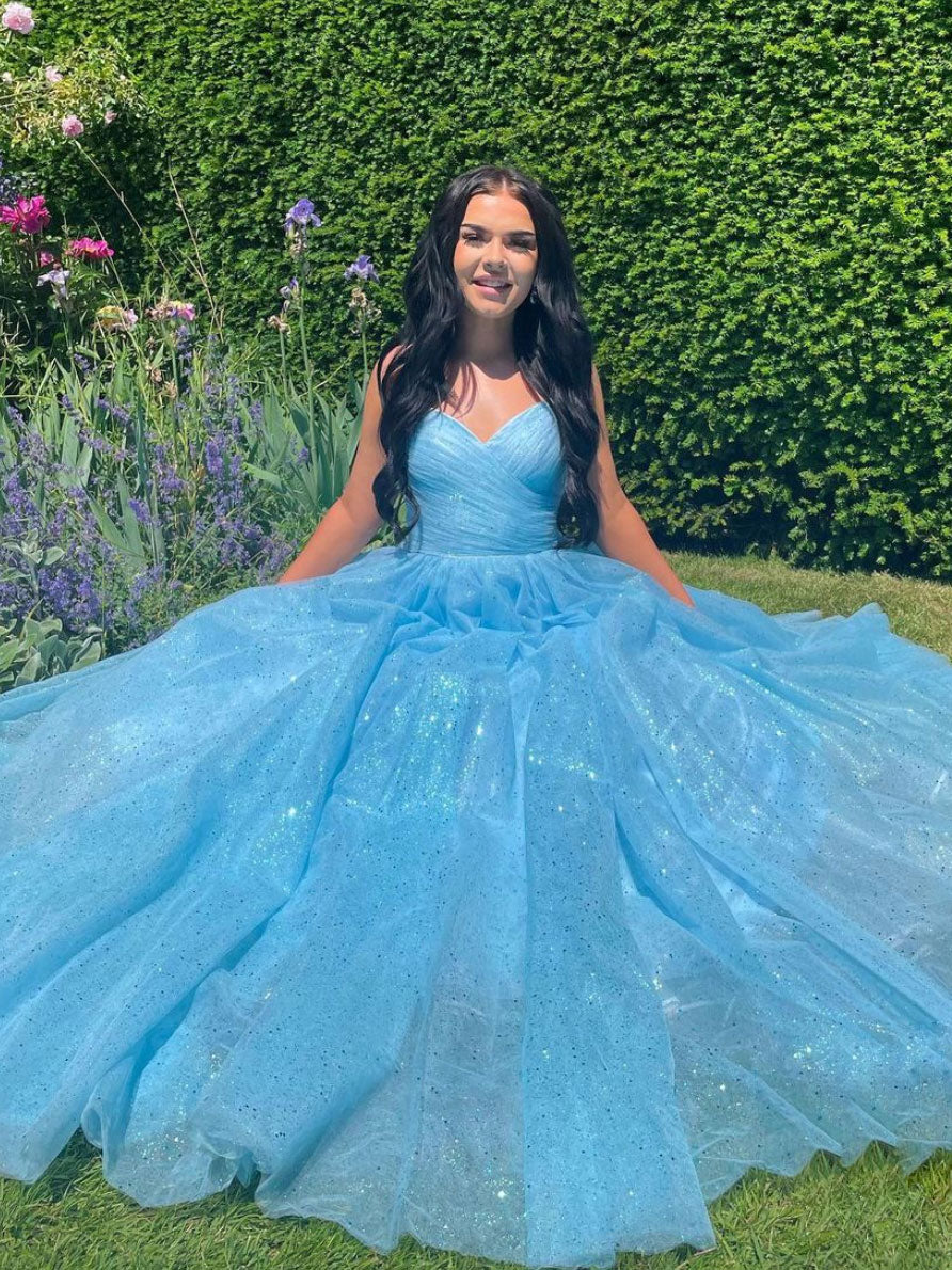 Elegant Blue V-Neck Tulle Long Prom Dress for Women - Formal Evening Gown for Homecoming, Wedding, and Special Occasions