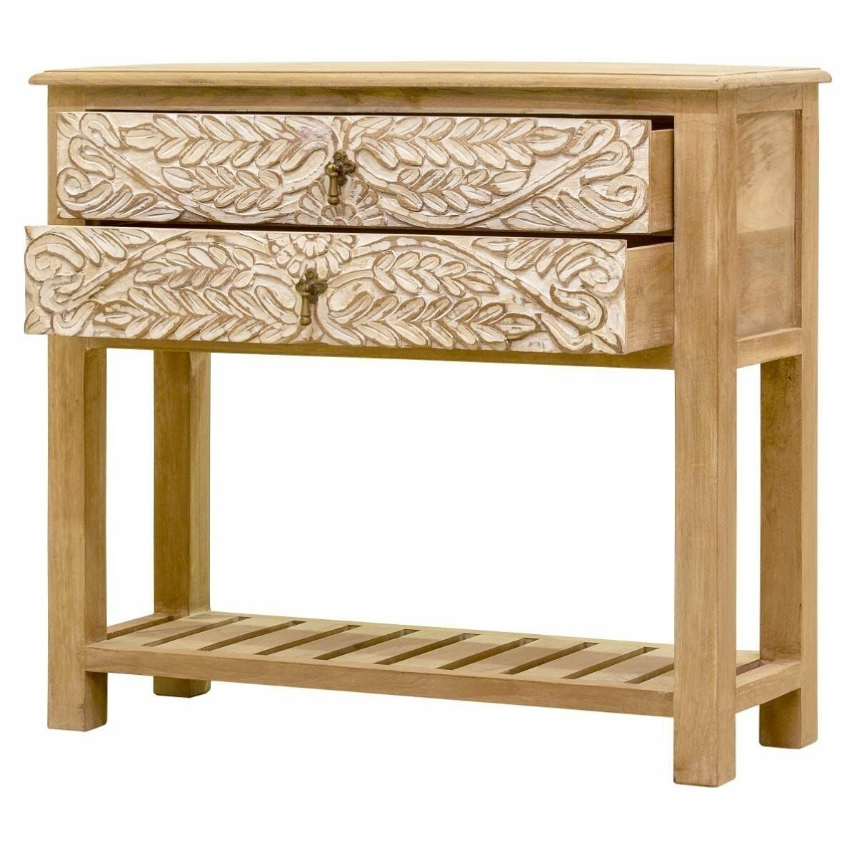 Floral Carved Solid Wood 2-Drawer Hallway Console Table - Elegant Entryway Furniture for Living Room, Bedroom & Foyer Decor