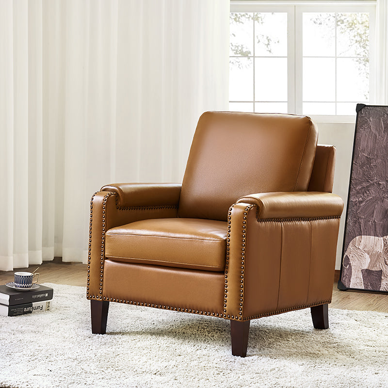 Nathaniel Transitional Style Genuine Leather Armchair - Premium Brown Leather Lounge Chair for Living Room, Office & Study - Comfortable Reading Chair with Padded Seat & Wooden Legs
