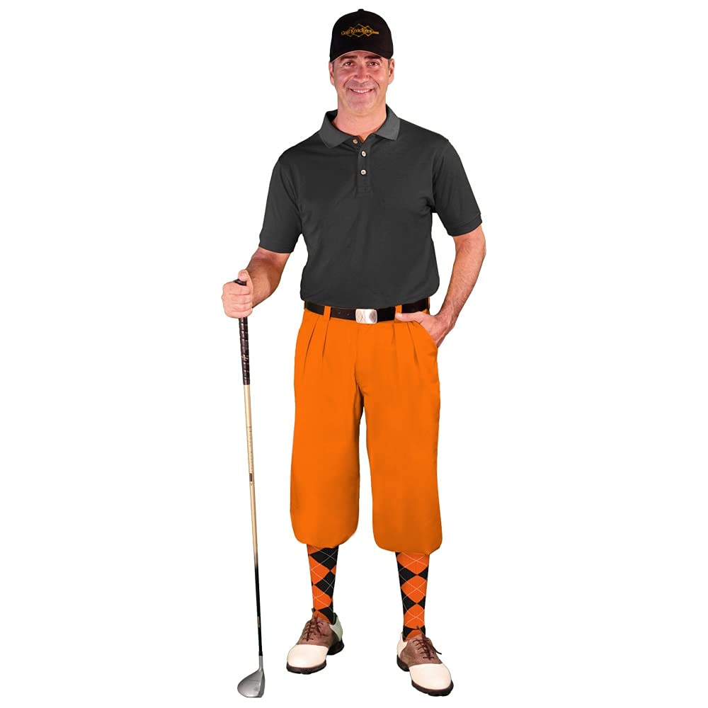 Limited Edition Men's Orange Microfiber Outfit Set - Microfiber Golf Shirt, Argyle Over-The-Calf Socks & Ball Cap | Perfect for Golfing, Casual Wear & Outdoor Activities