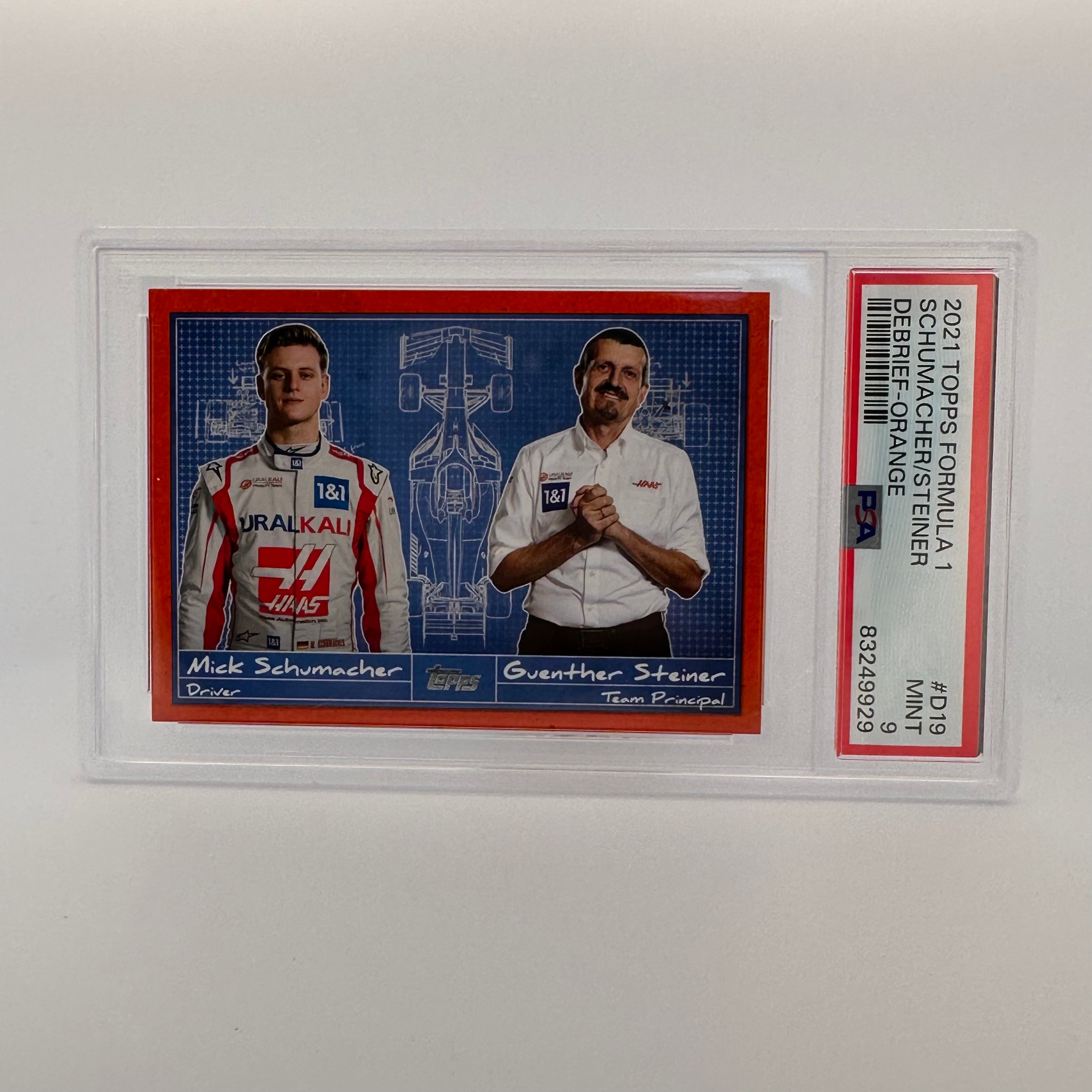 PSA 9 Graded 2/25 Mick Schumacher & Guenther Steiner F1 Debrief #D19 Orange - Perfect for F1 Collectors & Motorsport Fans Display