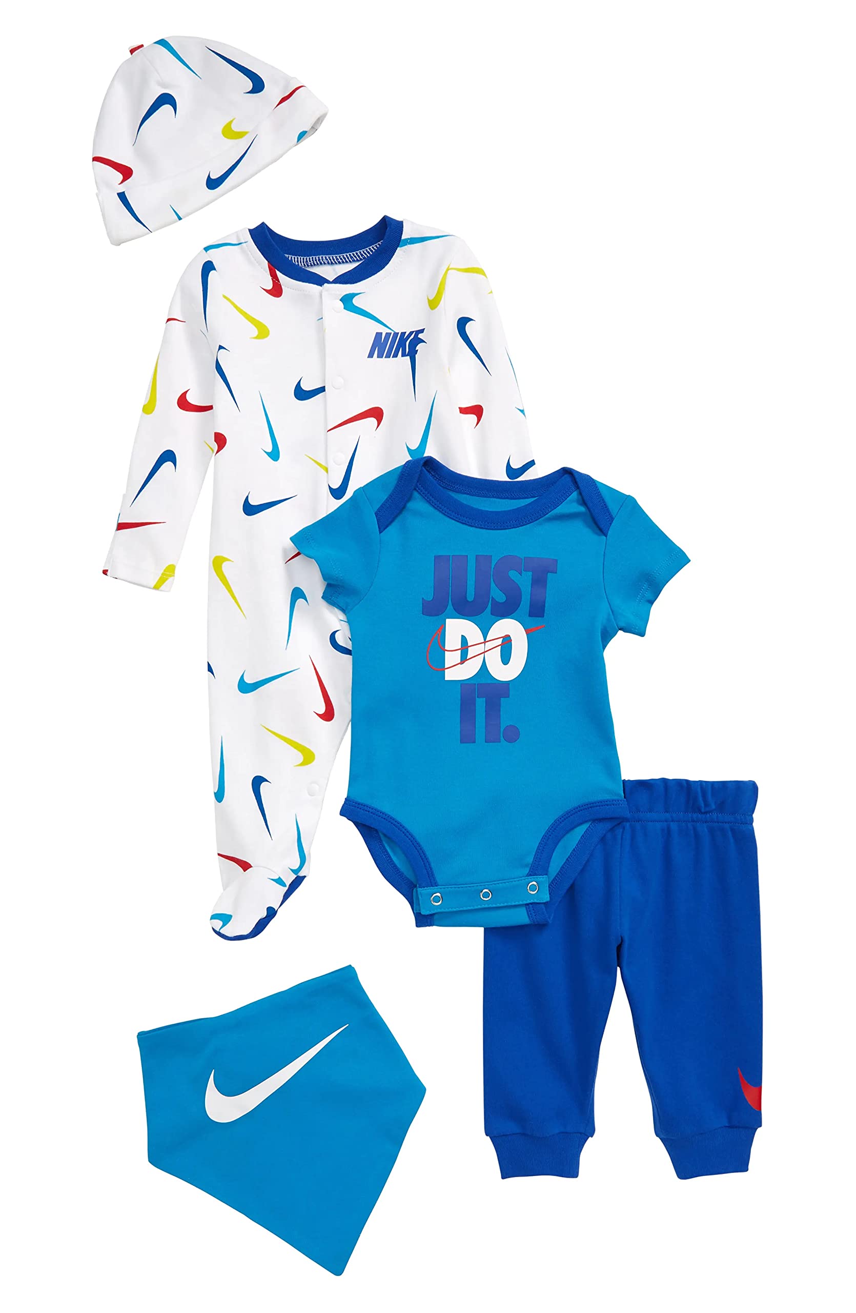 Nike Baby Boy Swooshfetti 5-Piece Layette Set - Game Royal/White - 3 Months | Soft Cotton Newborn Outfit for Comfort & Style | Perfect for Gifts, Photos & Daily Wear