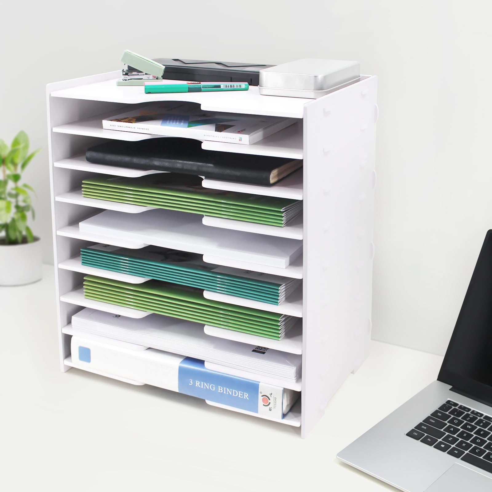SONGWAY 9-Tier Desktop File Organizer - Wide Document Holder & Letter Mail Tray Storage Rack for Home, Office, School | Paper Sorter & Desktop Organizer (White) | Perfect for Bills, Mail, Office Supplies & School Papers Organization