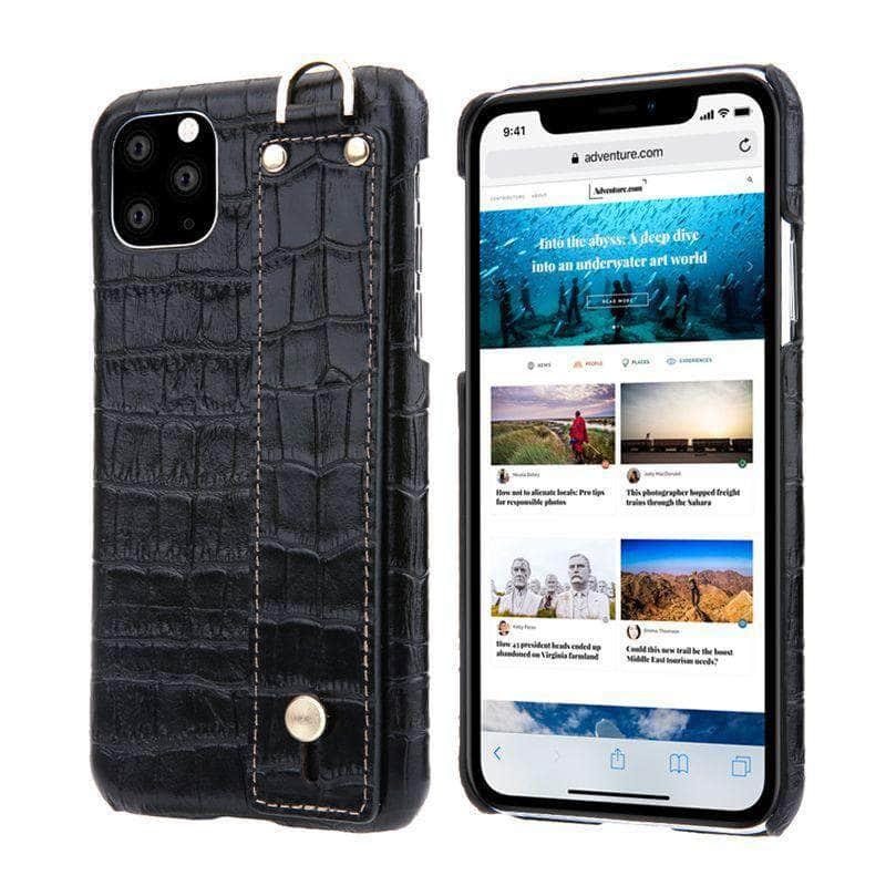 Premium Genuine Leather iPhone 11 Pro Max Case - Shockproof Protective Cover with Wrist Strap - Perfect for Daily Use, Travel & Outdoor Activities