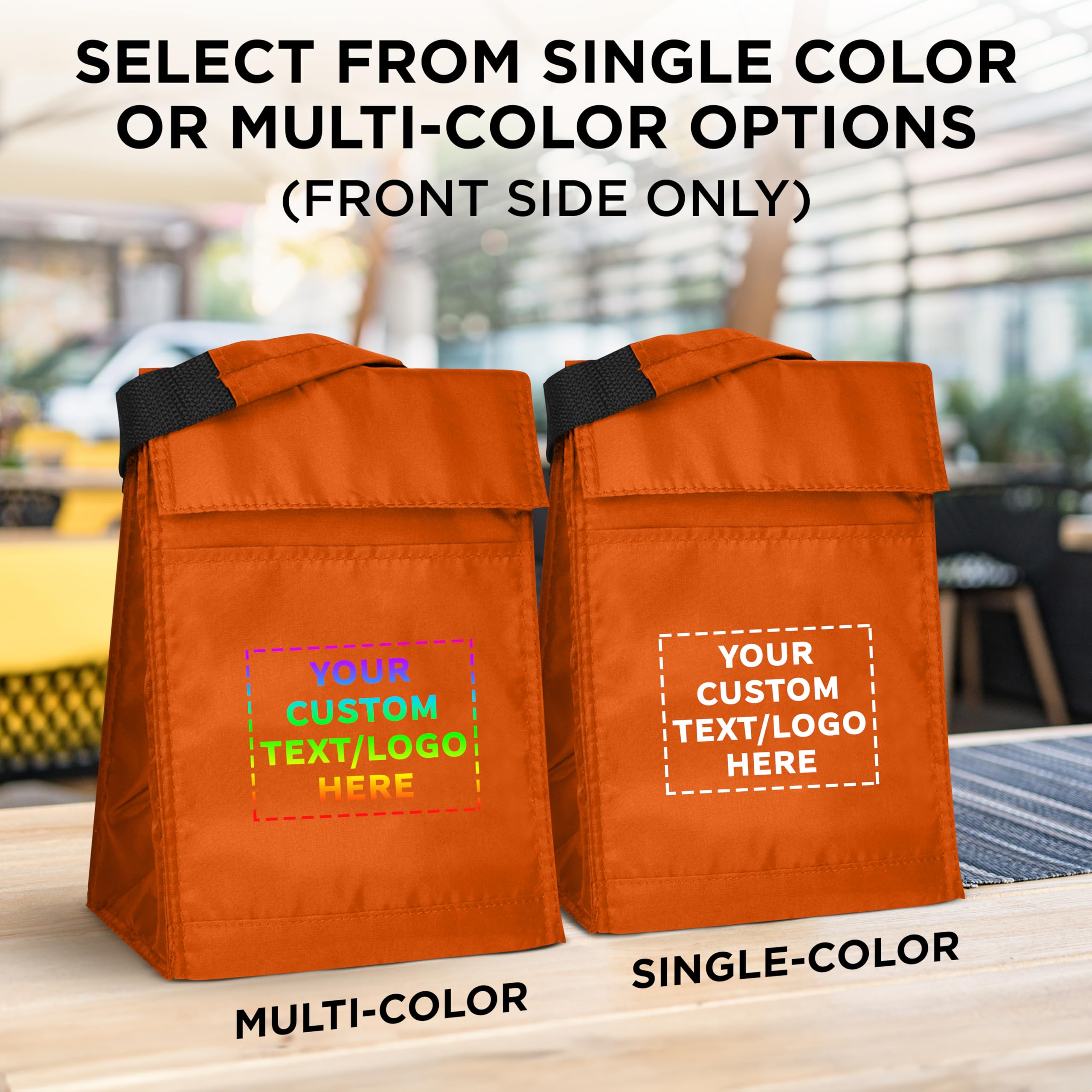 50-Pack Insulated Lunch Bags with Hook & Loop Closure - Custom Text & Logo Printing - Durable Polyester, Vibrant Orange - Perfect for School, Office & Picnics - Reusable & Eco-Friendly