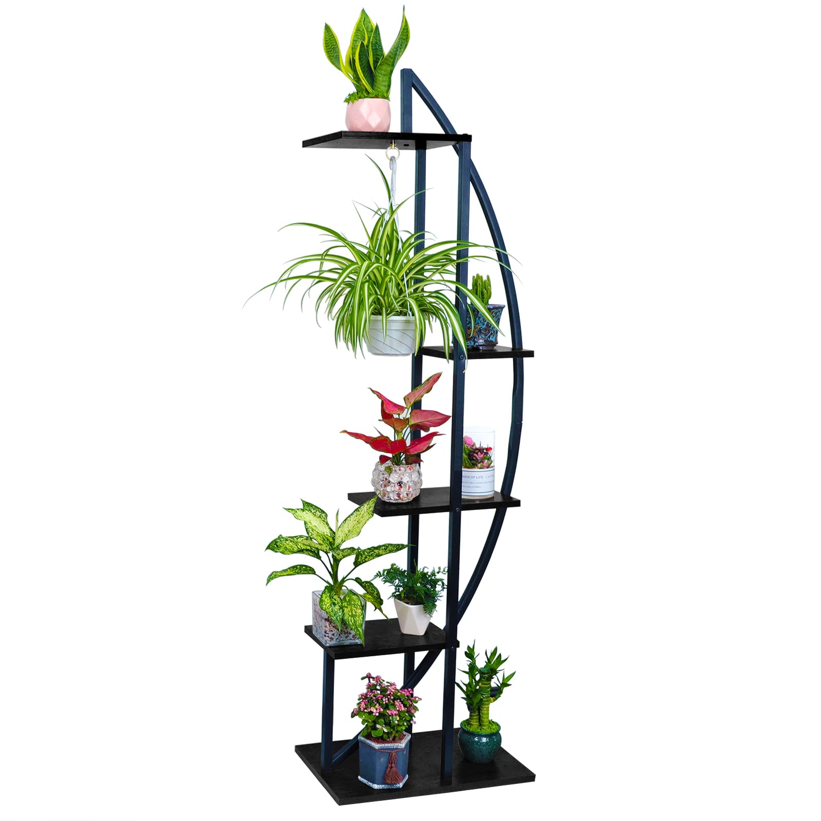 5-Tier Tall Curved Metal Plant Stand with Hanging Rings - Indoor Plant Shelf for Home Decor, Living Room, Balcony & Garden Organization