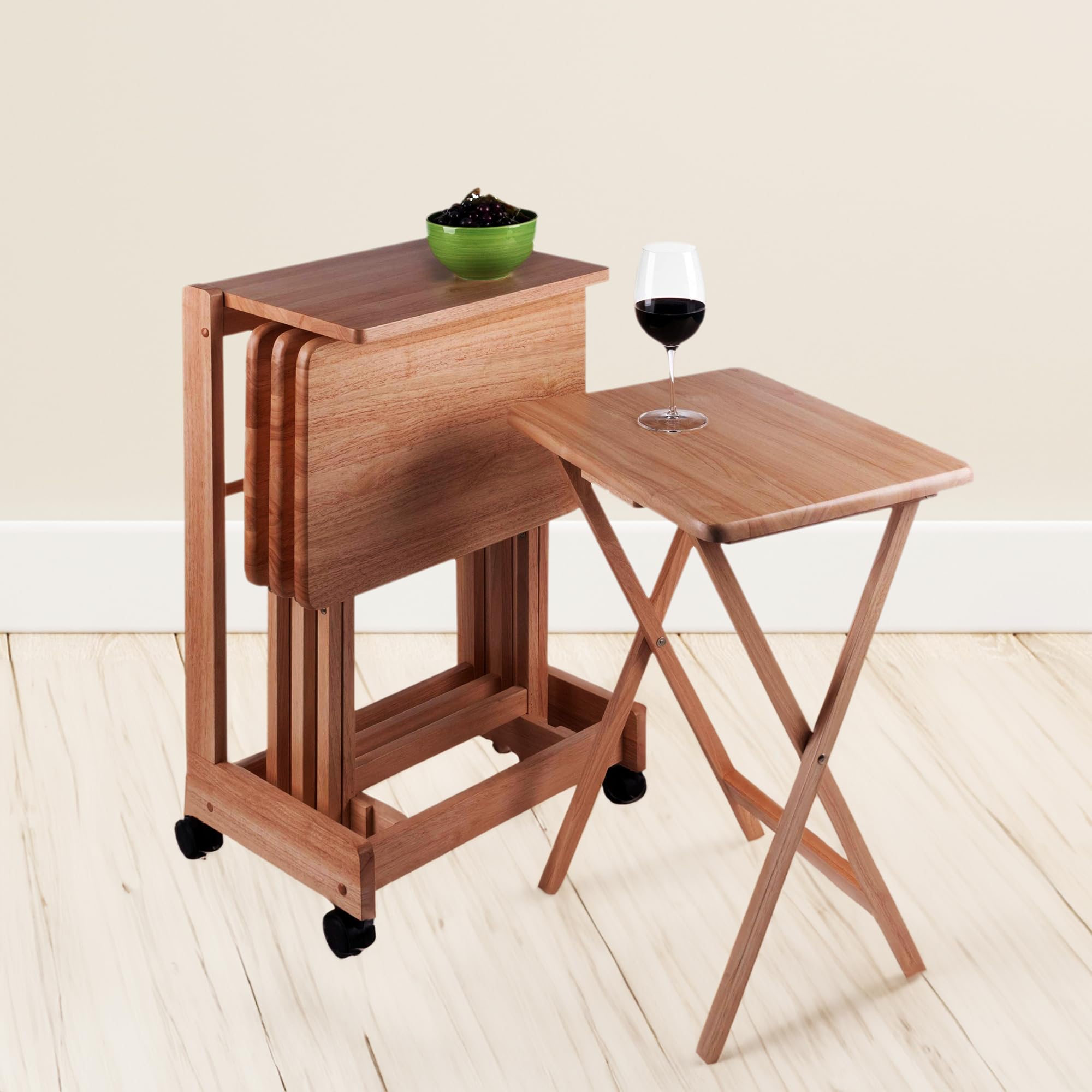 5-Piece Snack Table TV Tray Set - Foldable Serving Tray Stand for Dining, Living Room & Kitchen | Portable Breakfast in Bed, Sofa Snacking & Home Office Use (Brienda-Natural)