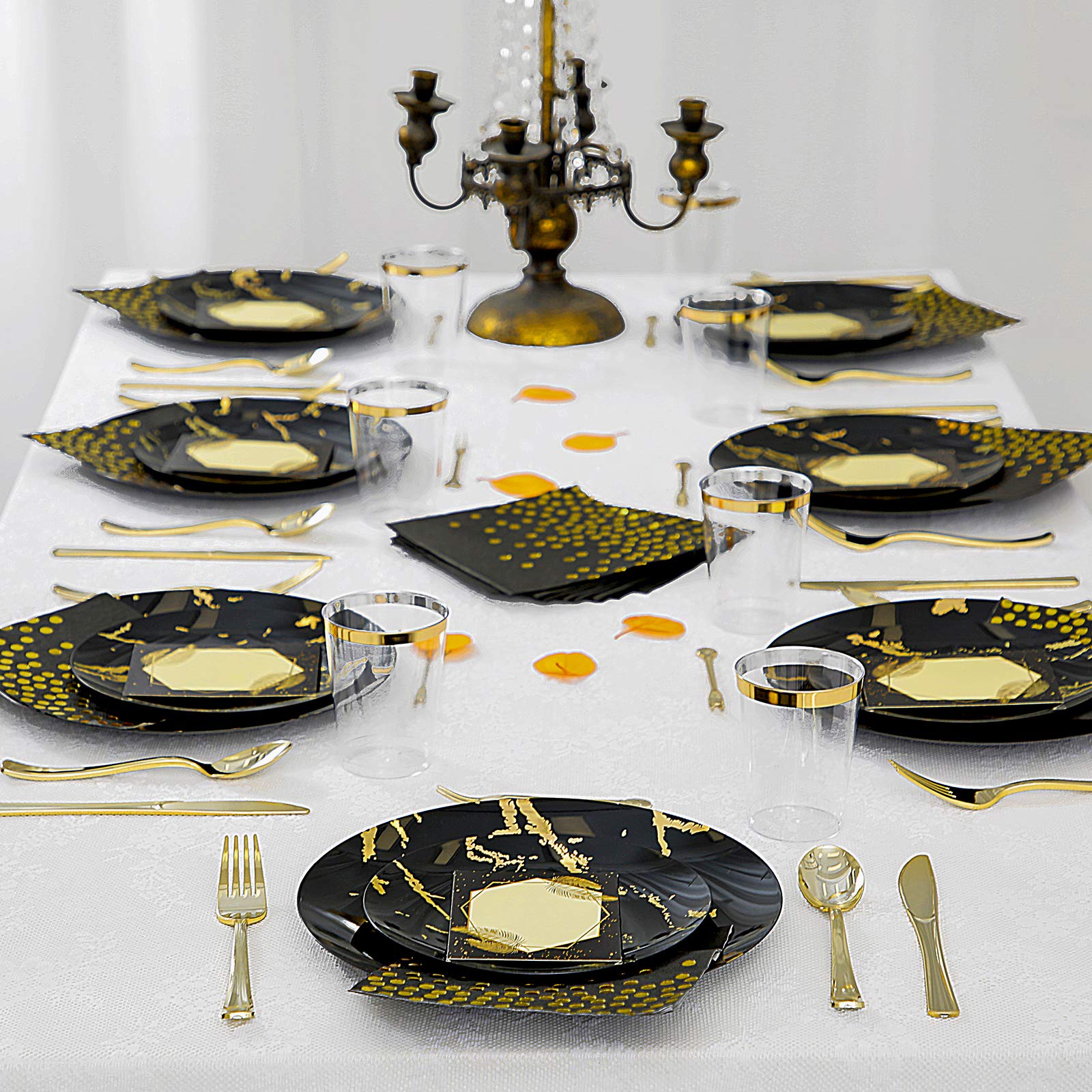 225-Piece Black & Gold Disposable Plastic Dinnerware Set - 25 Dinner Plates, Dessert Plates, Forks, Gold Cups, Napkins & Table Cards - Elegant Party Supplies for Halloween, Weddings & Special Events
