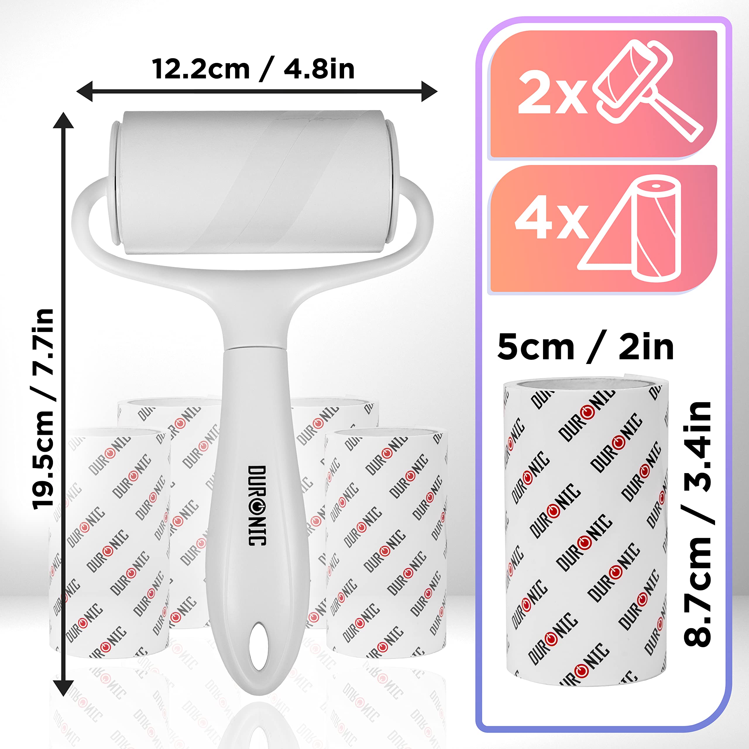 Duronic 2-Pack Lint Rollers with 4 Refills (60 Sheets Each) | Extra Sticky Pet Hair & Lint Remover for Clothes, Fabric, Carpet & Upholstery | Perfect for Home, Office & Travel Use