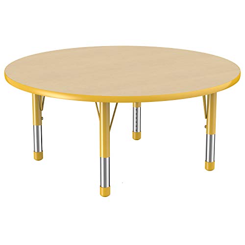 FDP 48 Inch Round Activity Table for Kids - Adjustable Height 15-24 Inches with Maple Top & Yellow Edge - Perfect for Preschool, Classroom & Daycare Learning Centers
