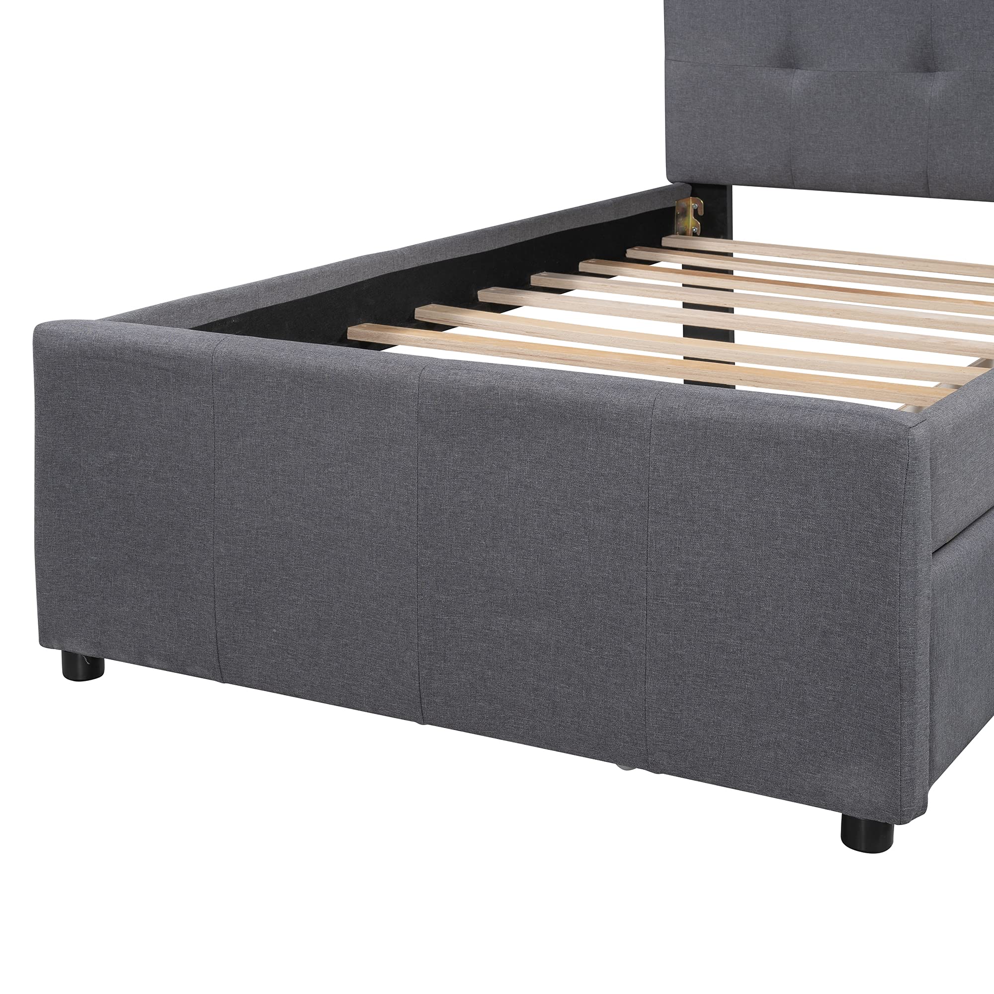 Upholstered Platform Bed with 2 Storage Drawers - Twin Size Linen Fabric Wood Slat Support, No Box Spring Required | Modern Bedroom Furniture for Small Spaces & Guest Rooms