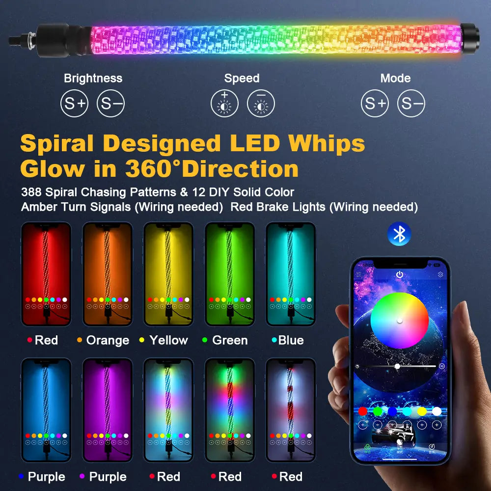 LOYO Spiral RGB Chasing Fat Whip Lights with Flags - Bluetooth APP & Remote Control for Cars, Trucks, Motorcycles | Perfect for Night Rides, Car Shows & Outdoor Parties